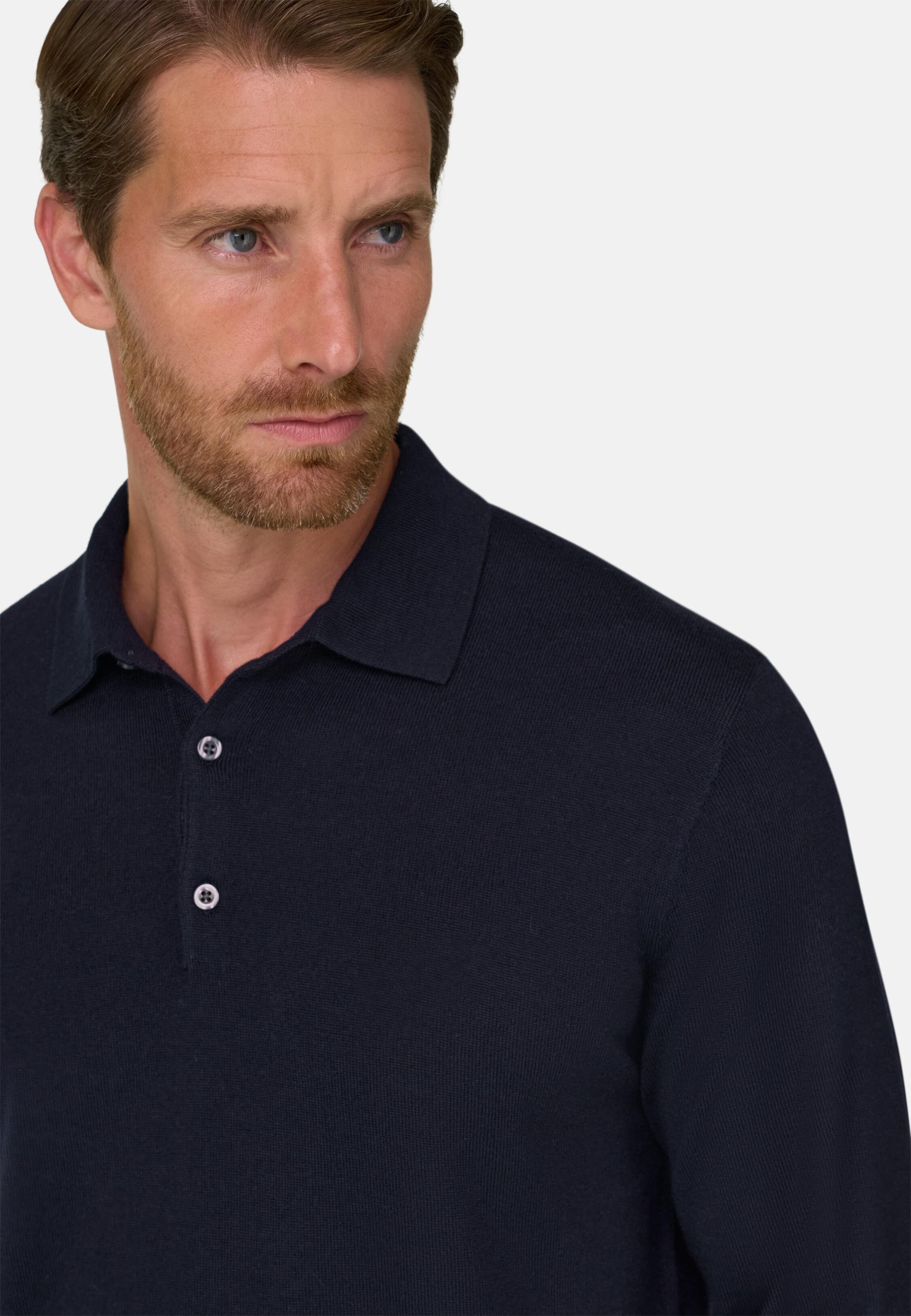 Knitted Polo Shirt in Merino Wool, Navy Blue, Navy blue, medium