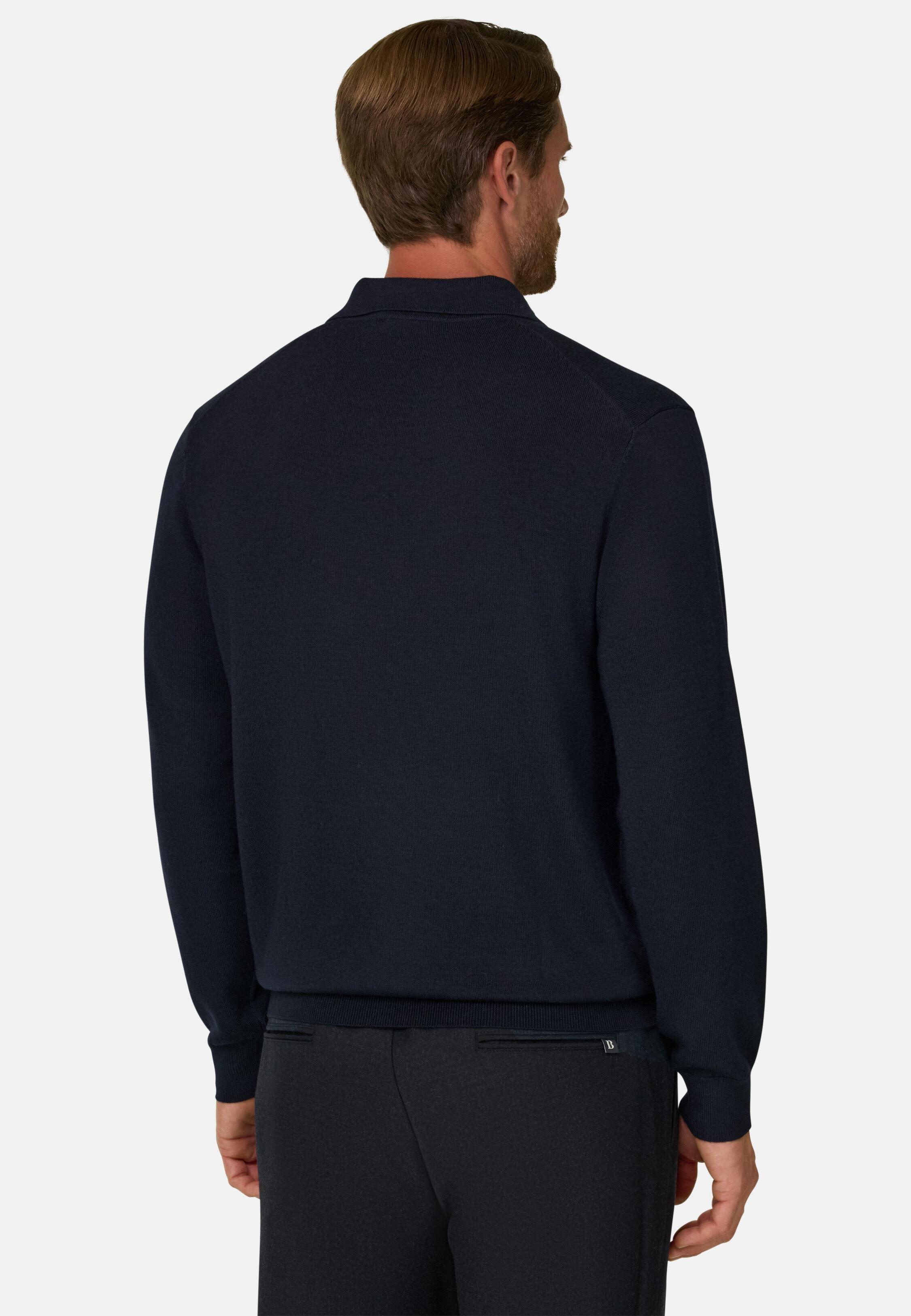 Knitted Polo Shirt in Merino Wool, Navy Blue, Navy blue, medium