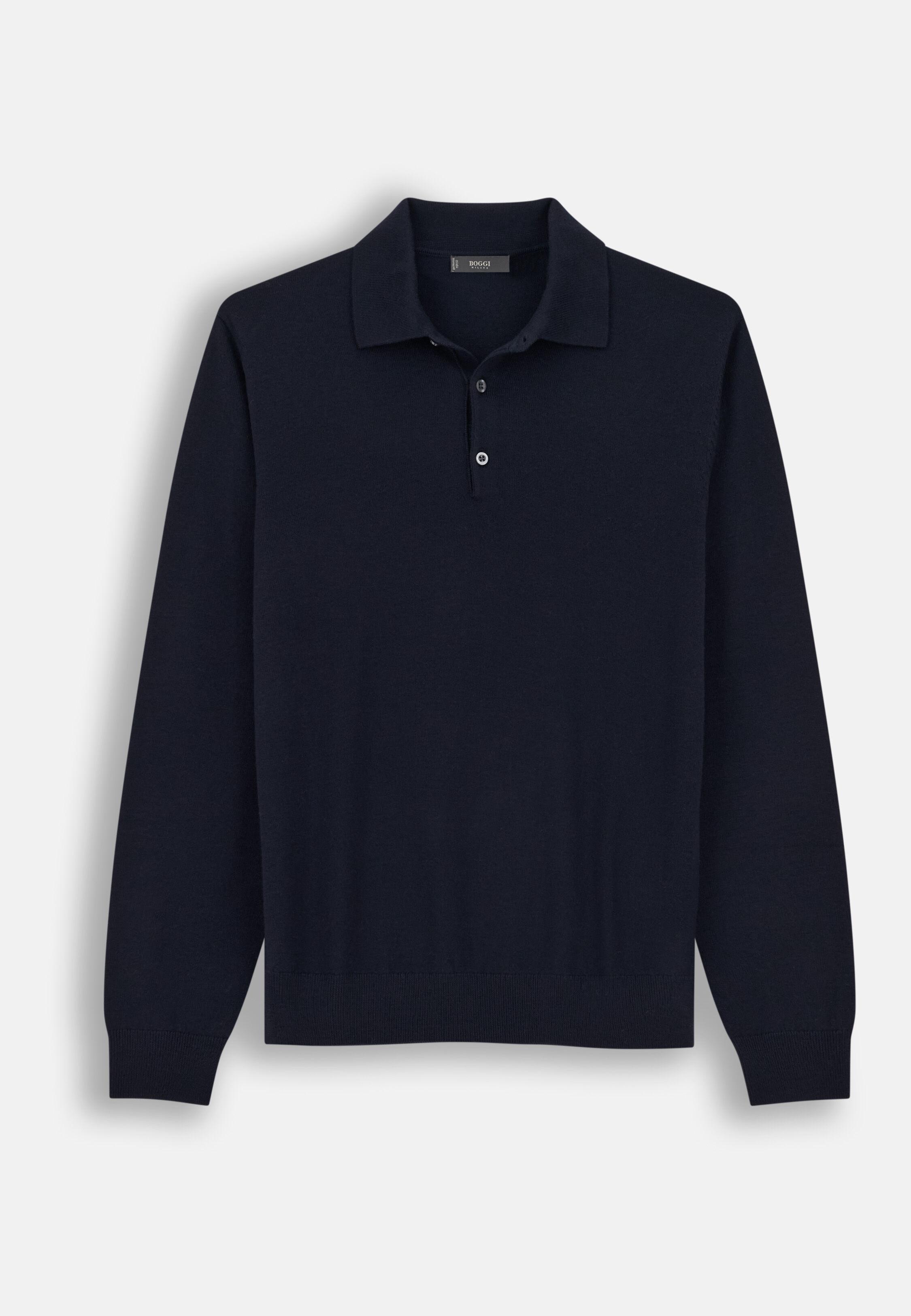 Knitted Polo Shirt in Merino Wool, Navy Blue, Navy blue, large image number 3