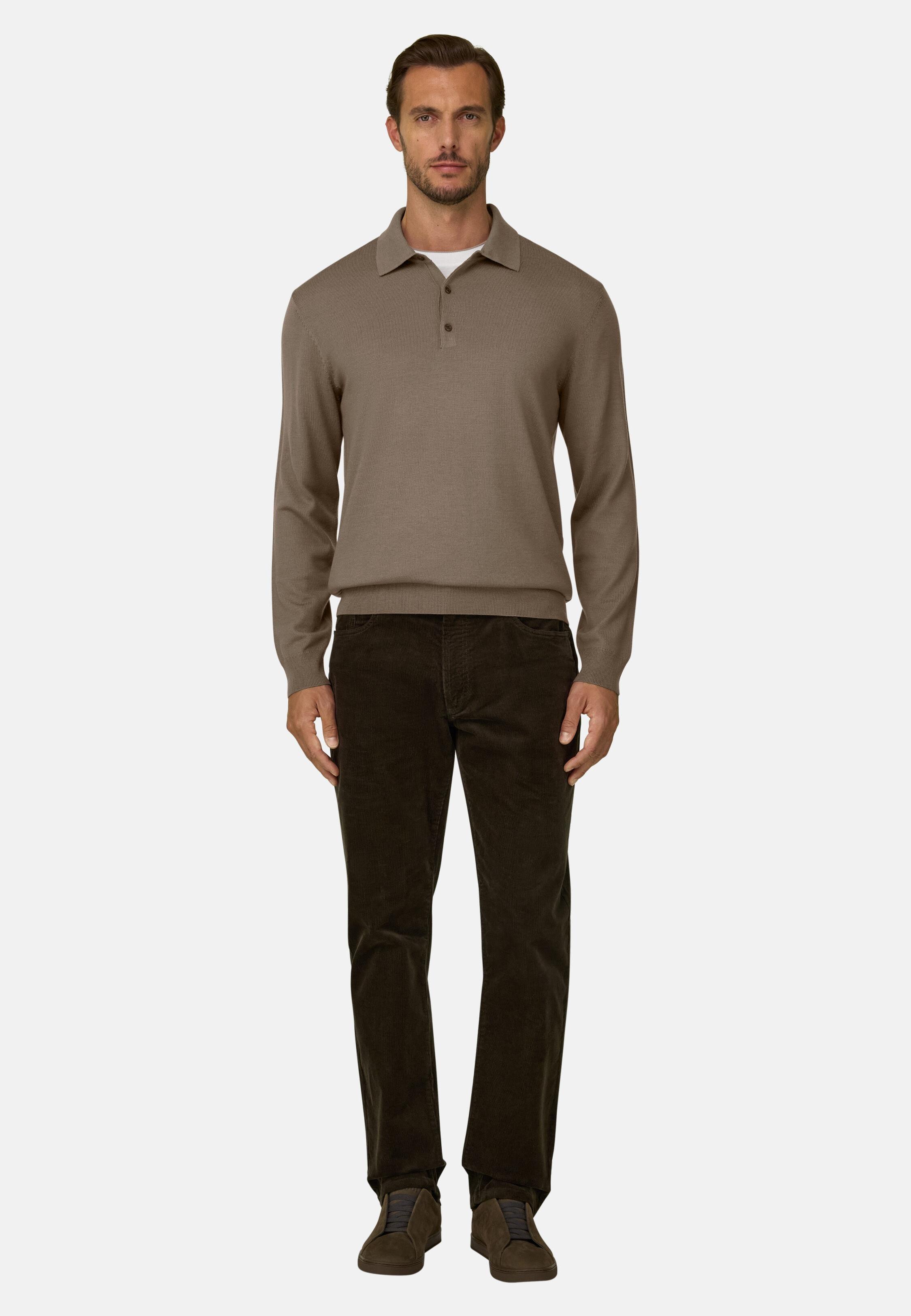 Knitted Polo Shirt in Merino Wool, Taupe, Taupe, large image number 0