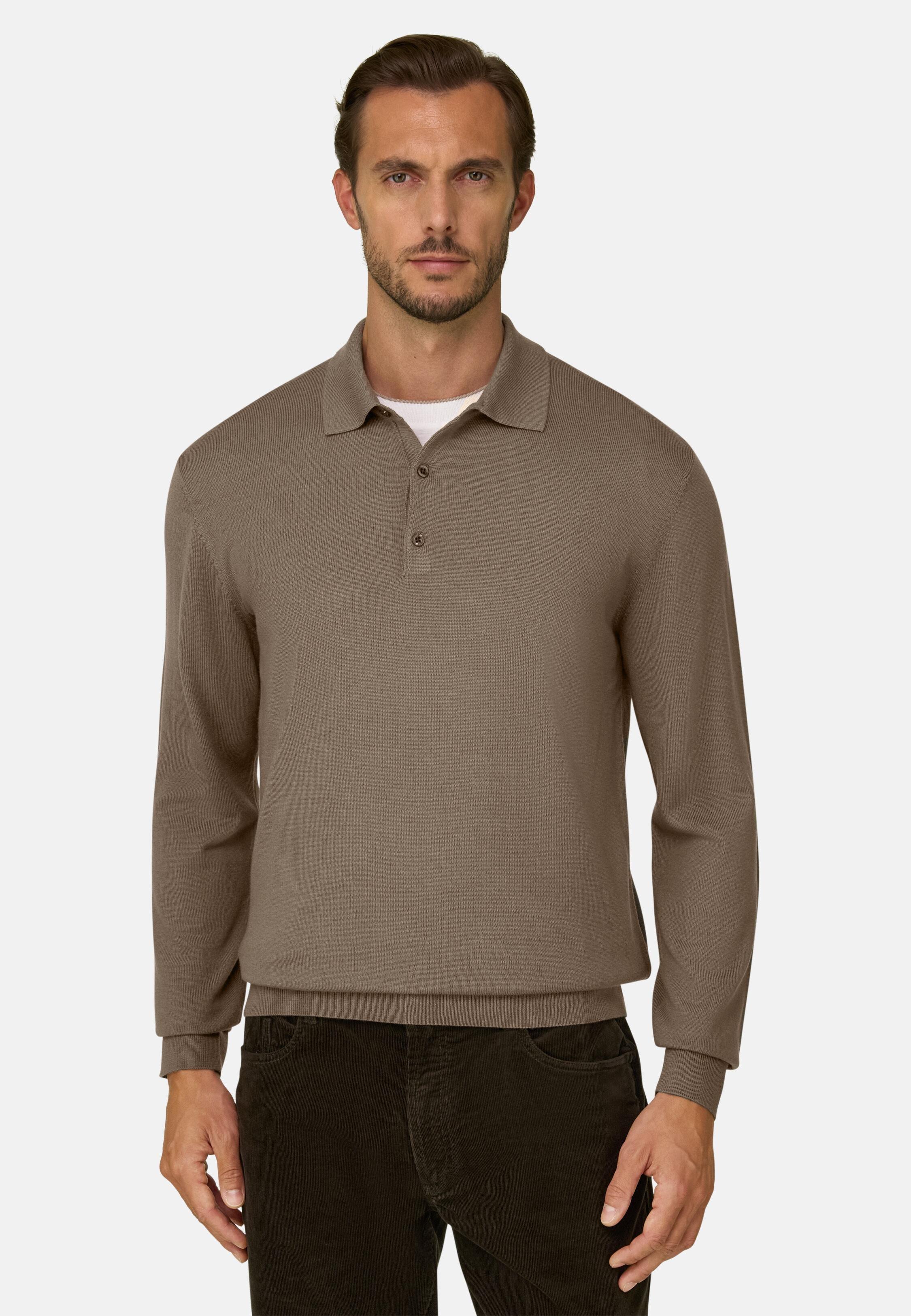 Knitted Polo Shirt in Merino Wool, Taupe, Taupe, large image number 1