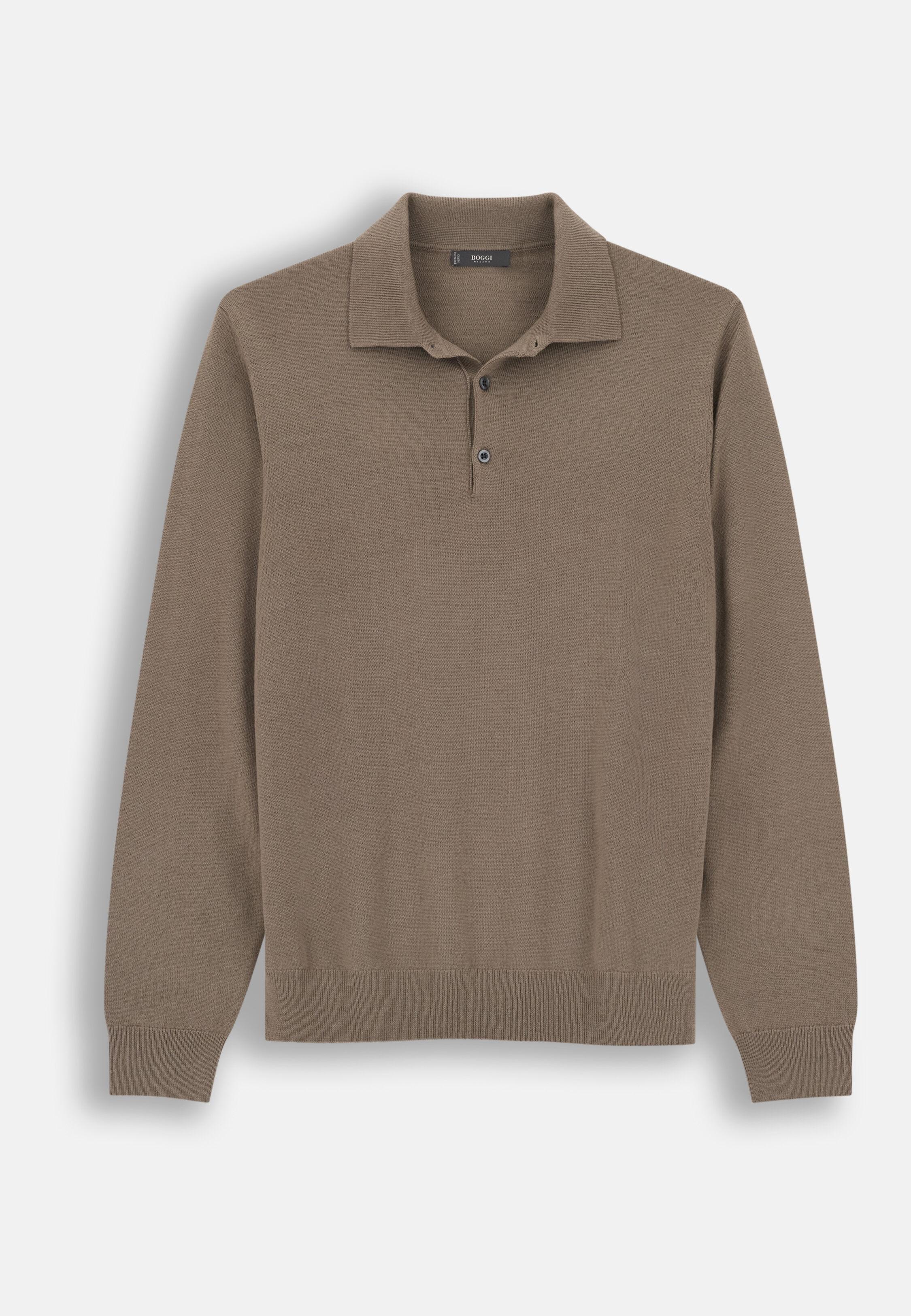 Knitted Polo Shirt in Merino Wool, Taupe, Taupe, large image number 4