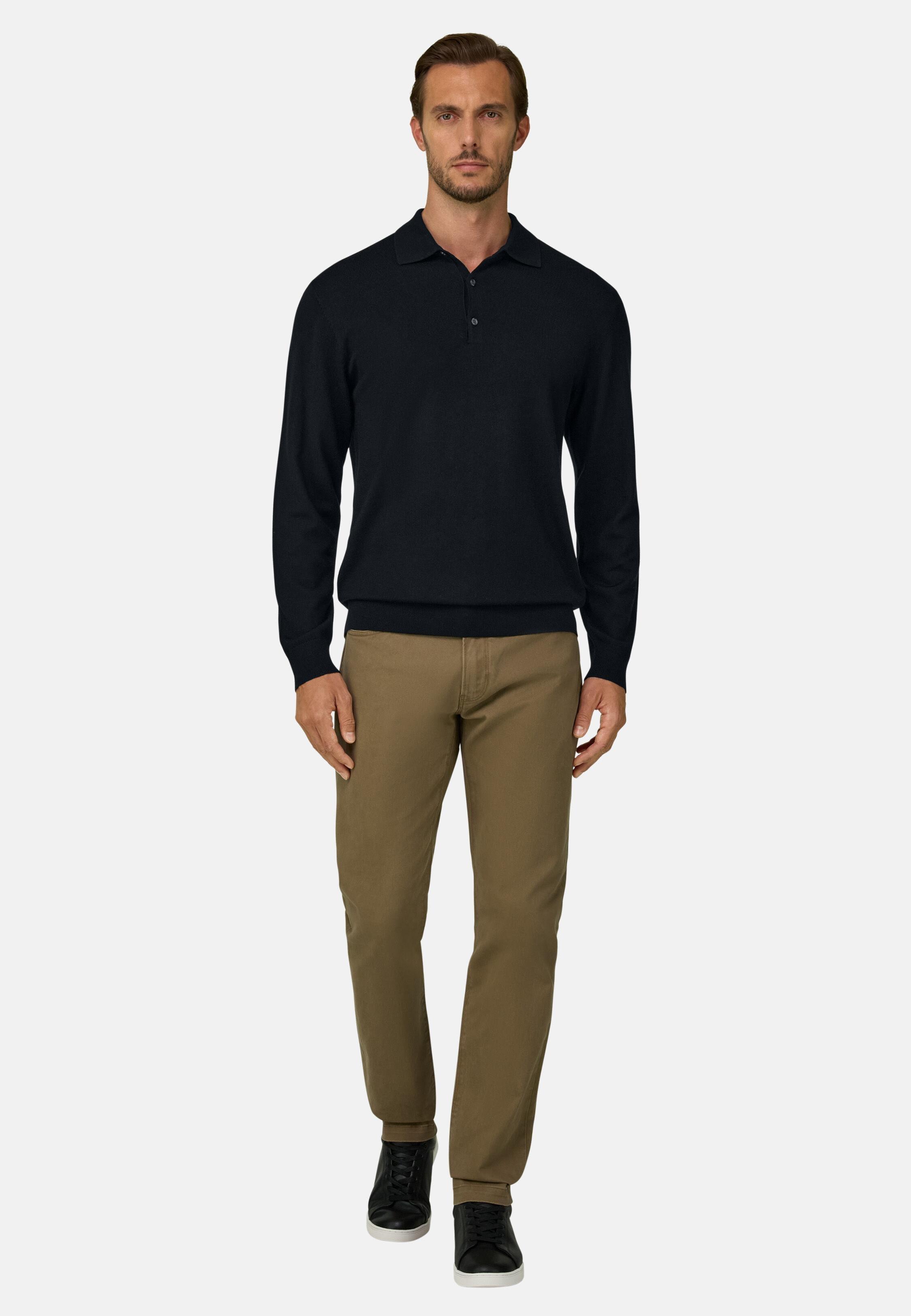Knitted Polo Shirt in Merino Wool, Black, Black, large image number 0