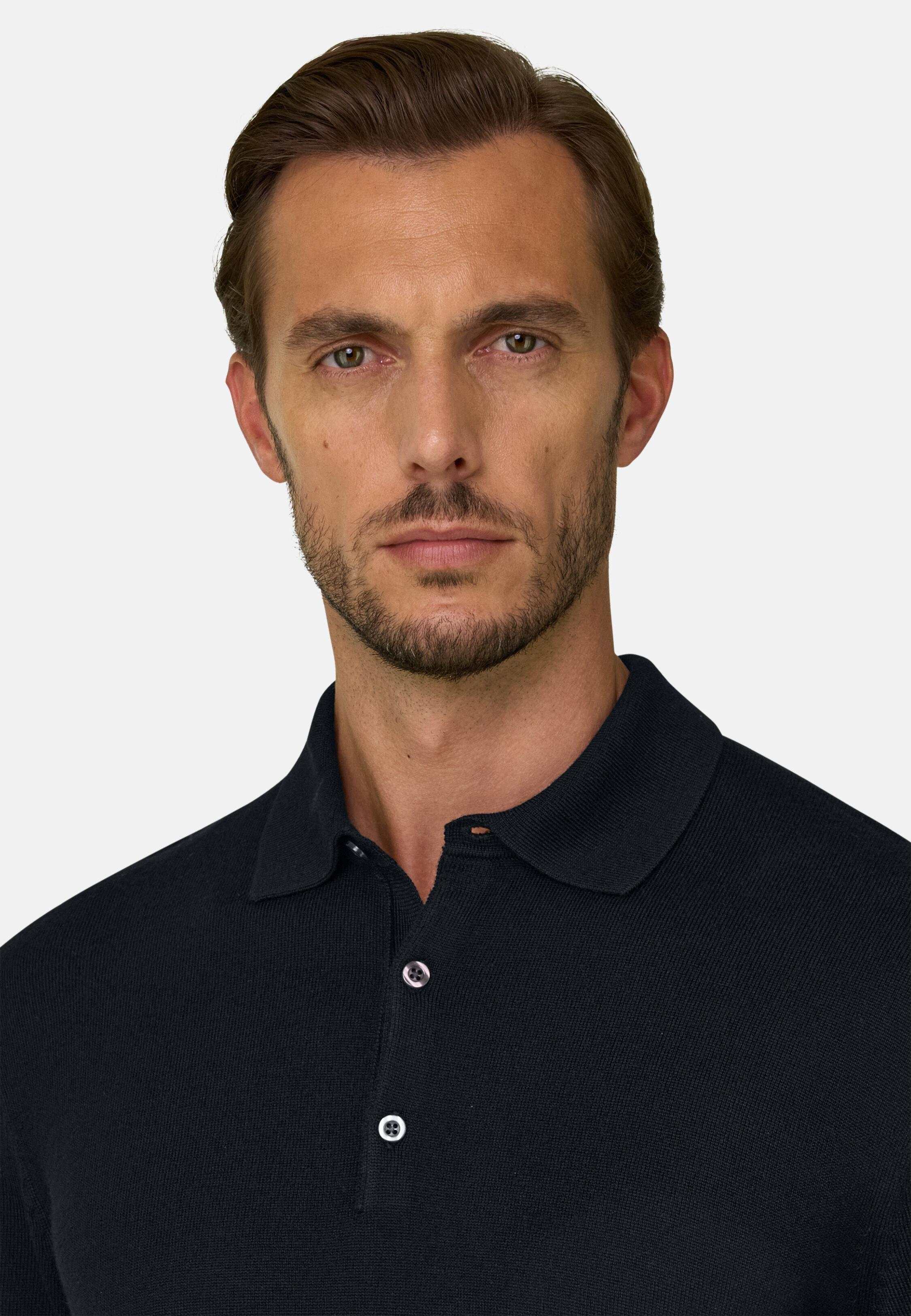 Knitted Polo Shirt in Merino Wool, Black, Black, large image number 1