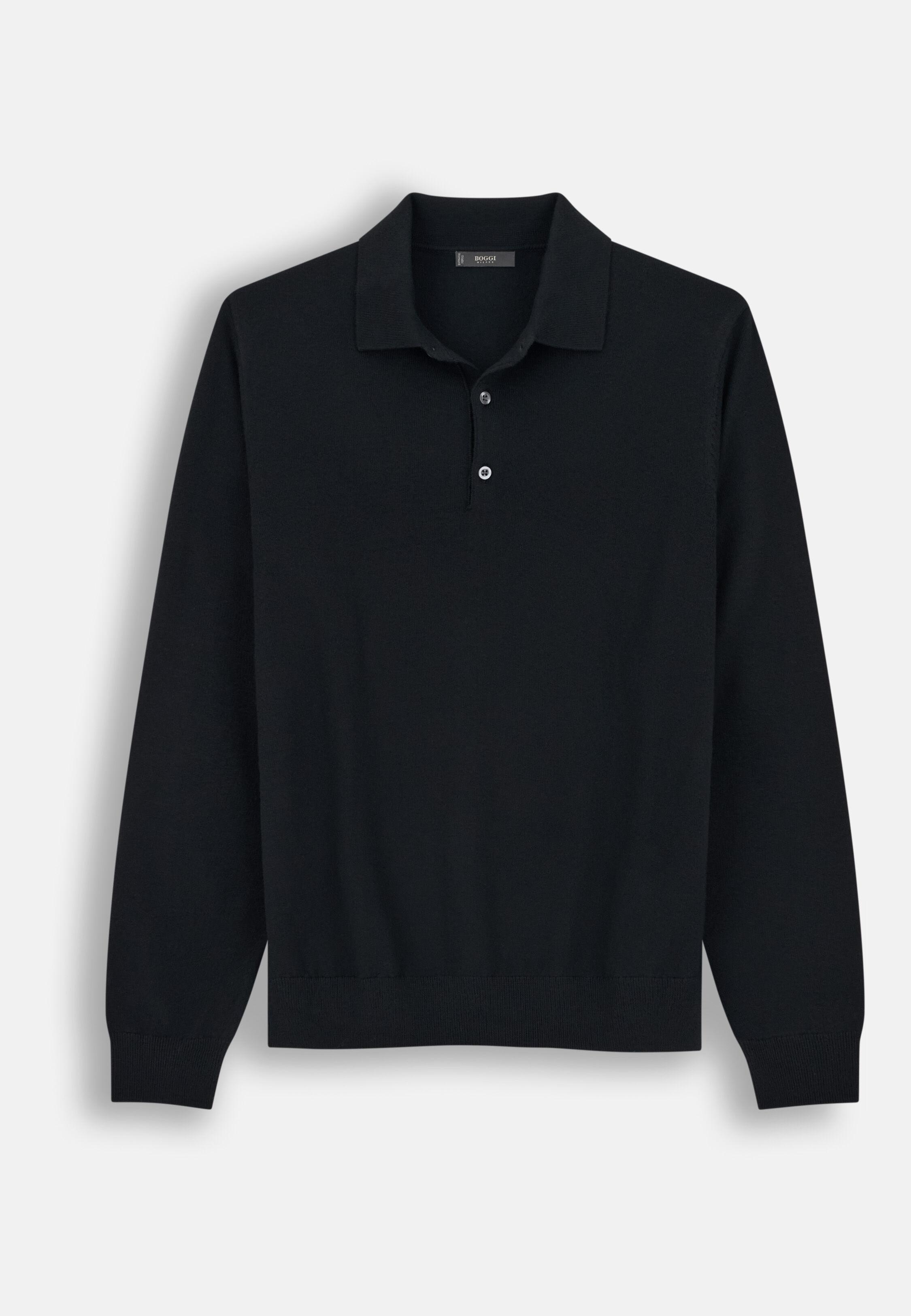 Knitted Polo Shirt in Merino Wool, Black, Black, large image number 3
