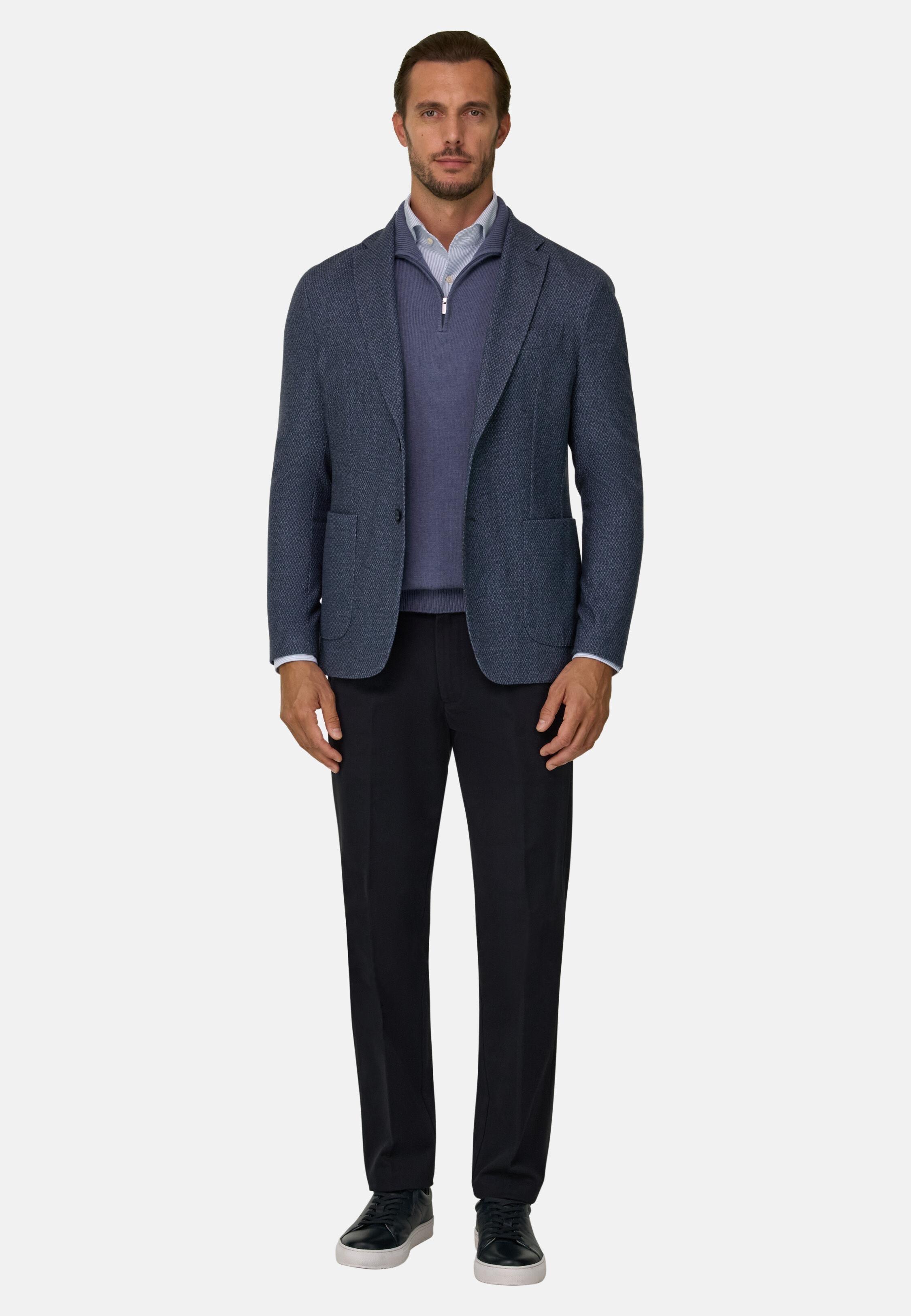 Blazer in Micro Patterned Wool B Jersey, Navy Blue, Navy blue, medium