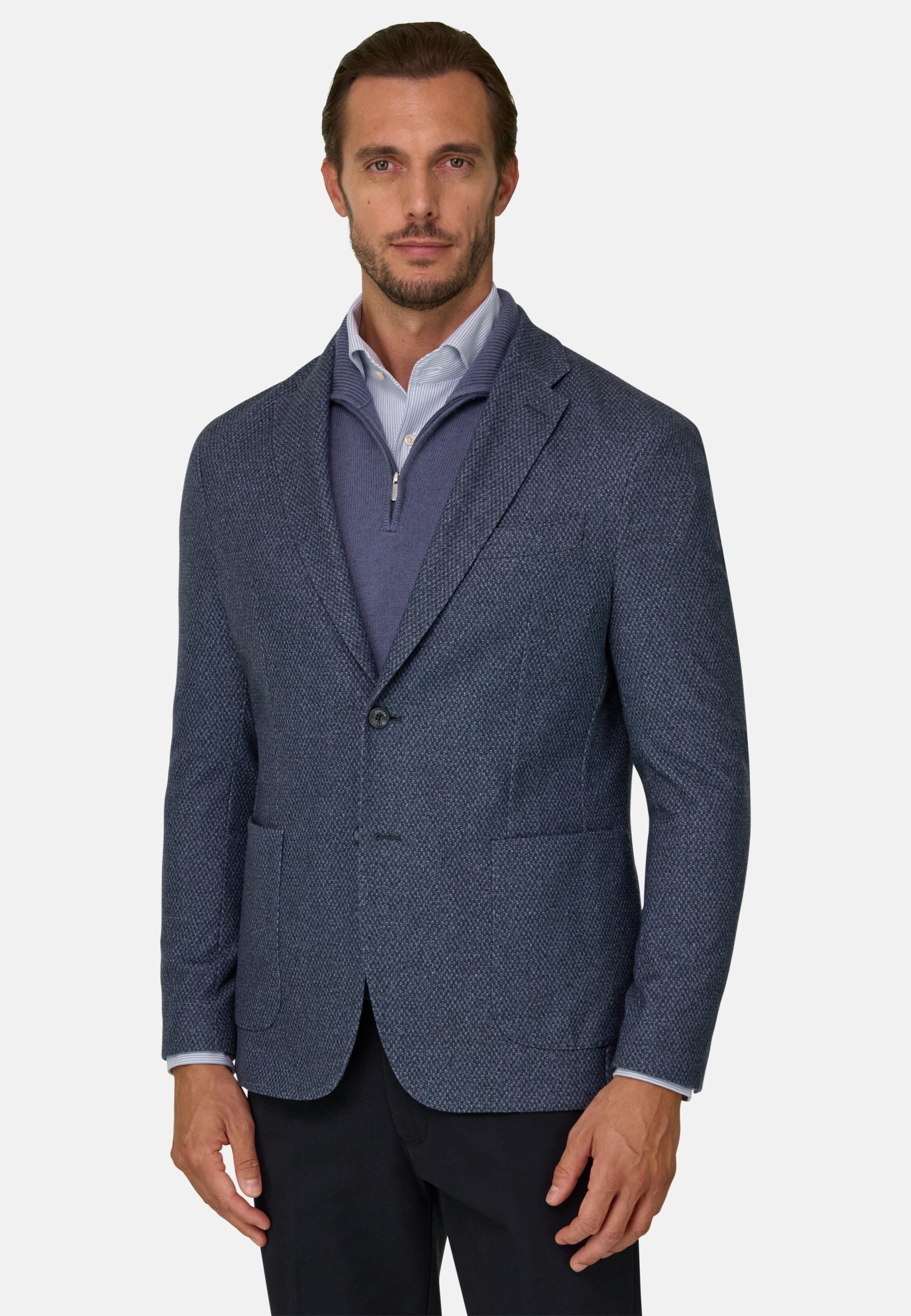 Blazer in Micro Patterned Wool B Jersey, Navy Blue, Navy blue, medium