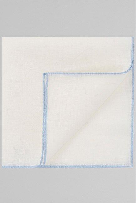 White Contrasting Piping Linen Pocket Square, White - Light blue, large image number 0