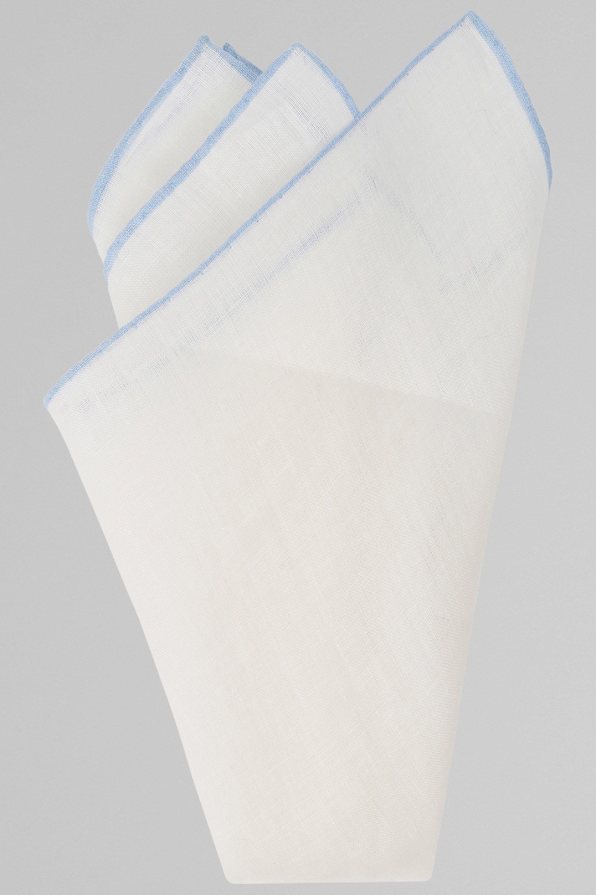 White Contrasting Piping Linen Pocket Square, White - Light blue, large image number 2