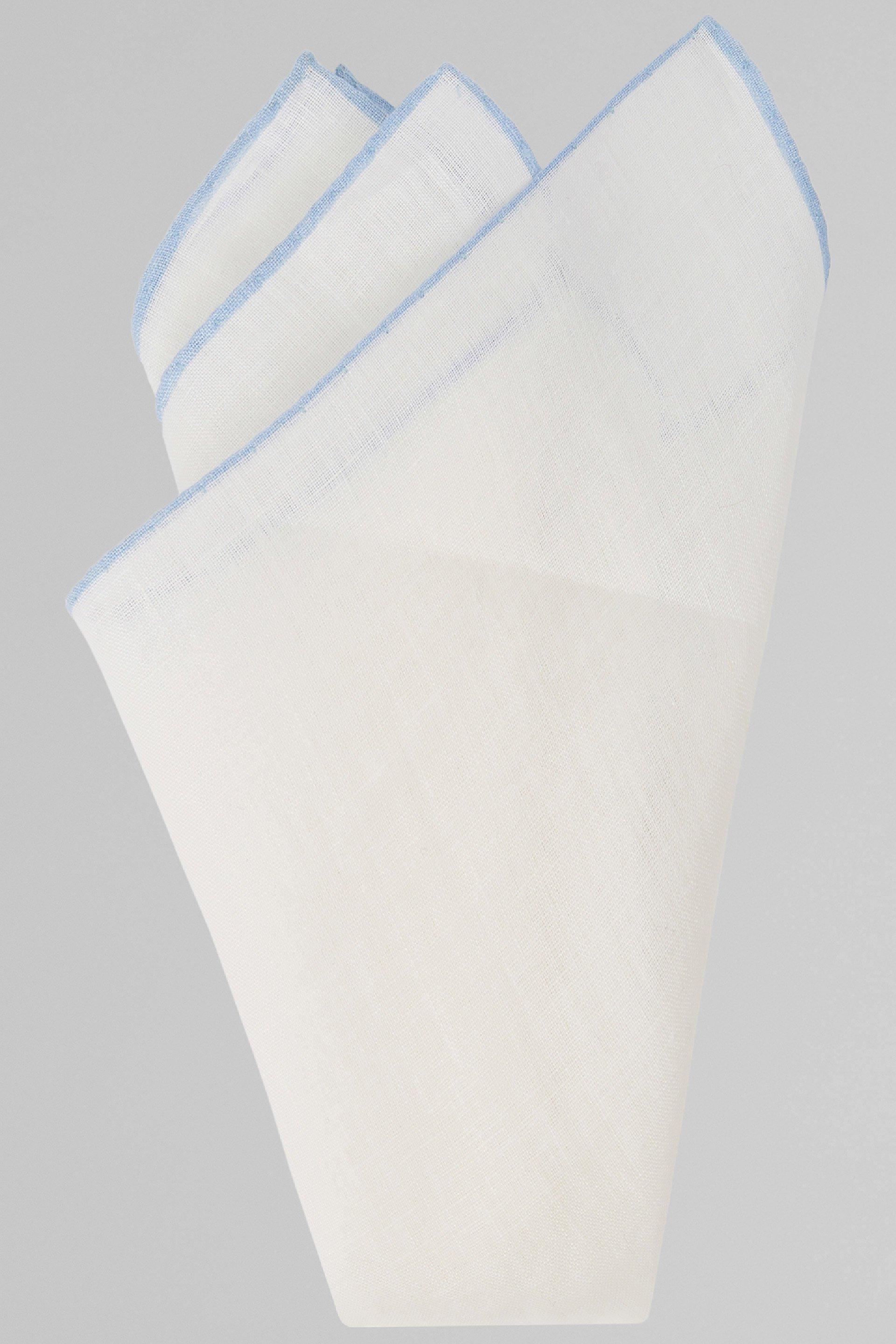 Linen Pocket Square with Contrasting Piping, White - Light Blue, White - Light blue, large image number 3