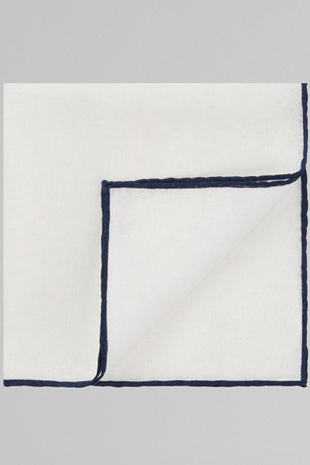 Boggi Milano - White Blue Linen Pocket Square With Contrasting Piping