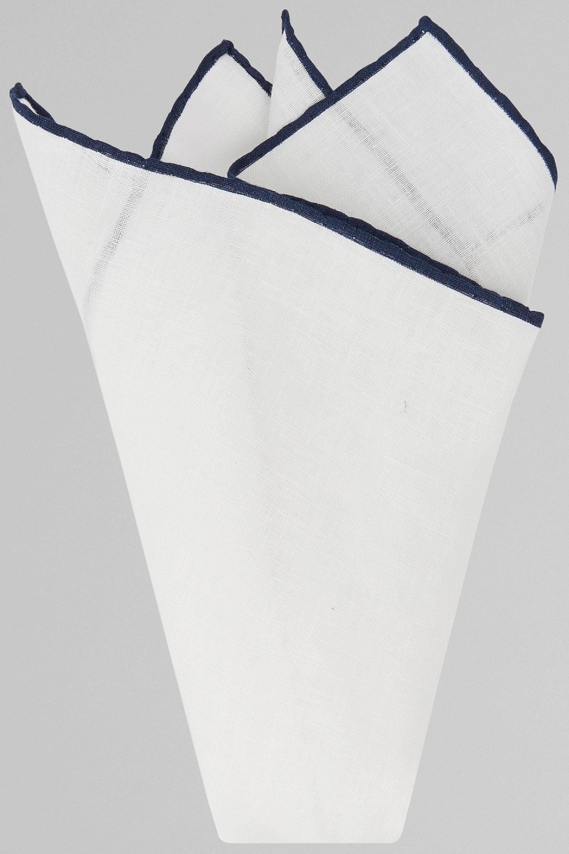 White Contrasting Piping Linen Pocket Square, White - Blue, large image number 1