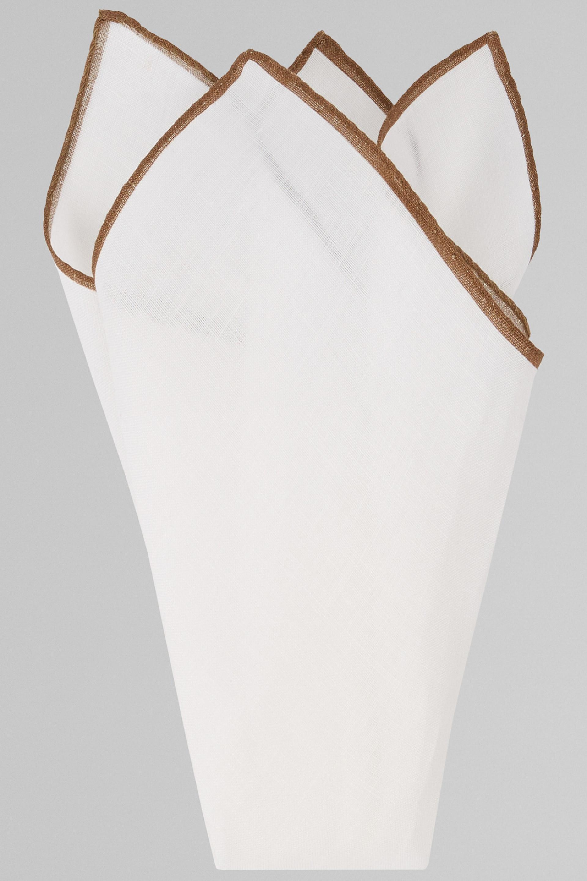 White Contrasting Piping Linen Pocket Square, White - Brown, large image number 0