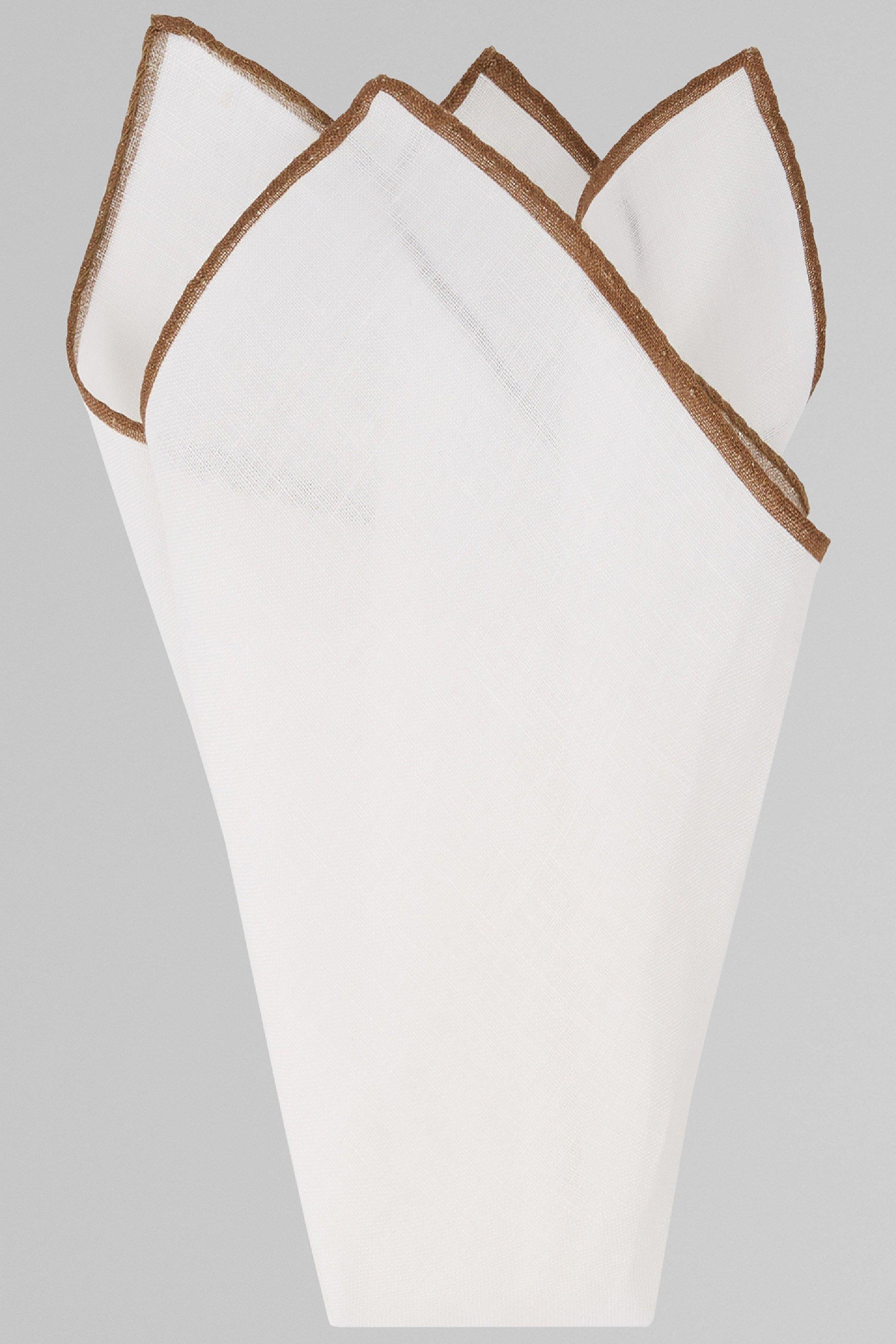 منديل جيب كتان بحافة بلون متباين أبيض, White - Brown, medium