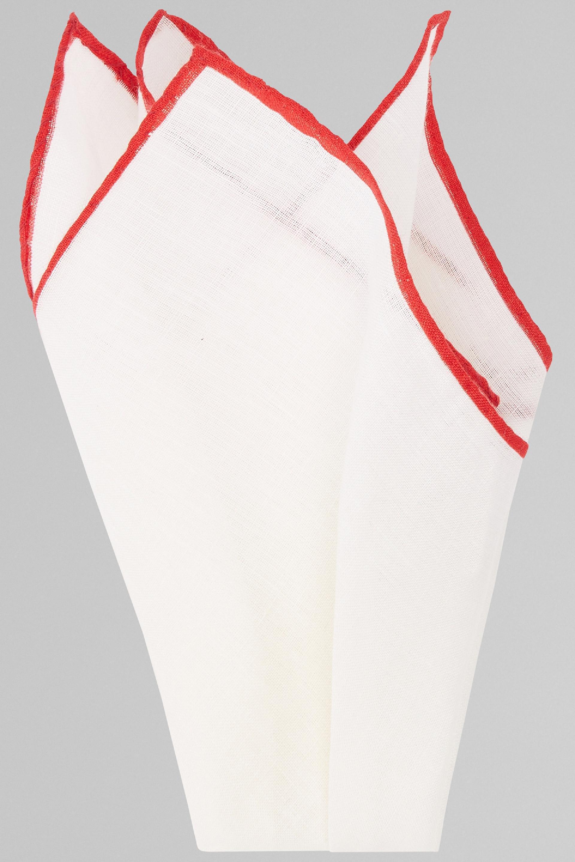 White Contrasting Piping Linen Pocket Square, White - Red, large image number 1