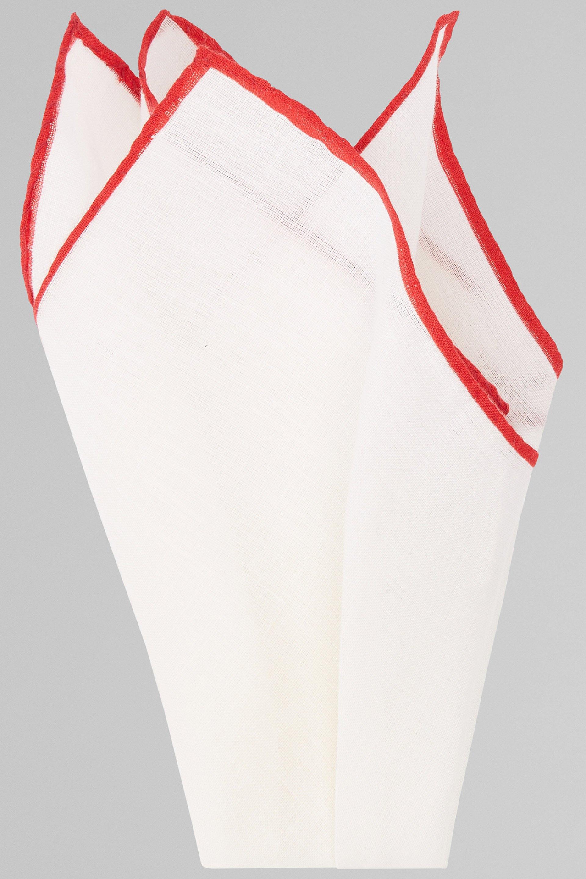 White Contrasting Piping Linen Pocket Square, White - Red, large image number 2