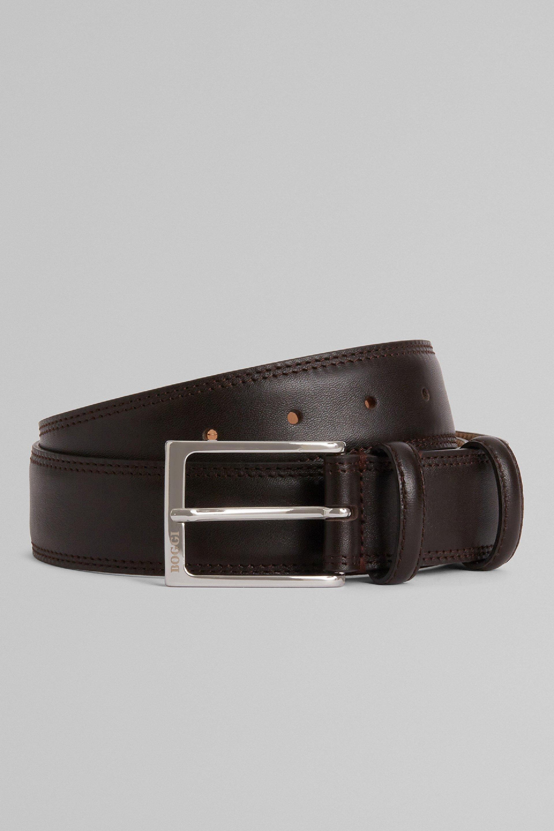 Brown Saddle-Stitched Tumbled Leather Belt, , medium