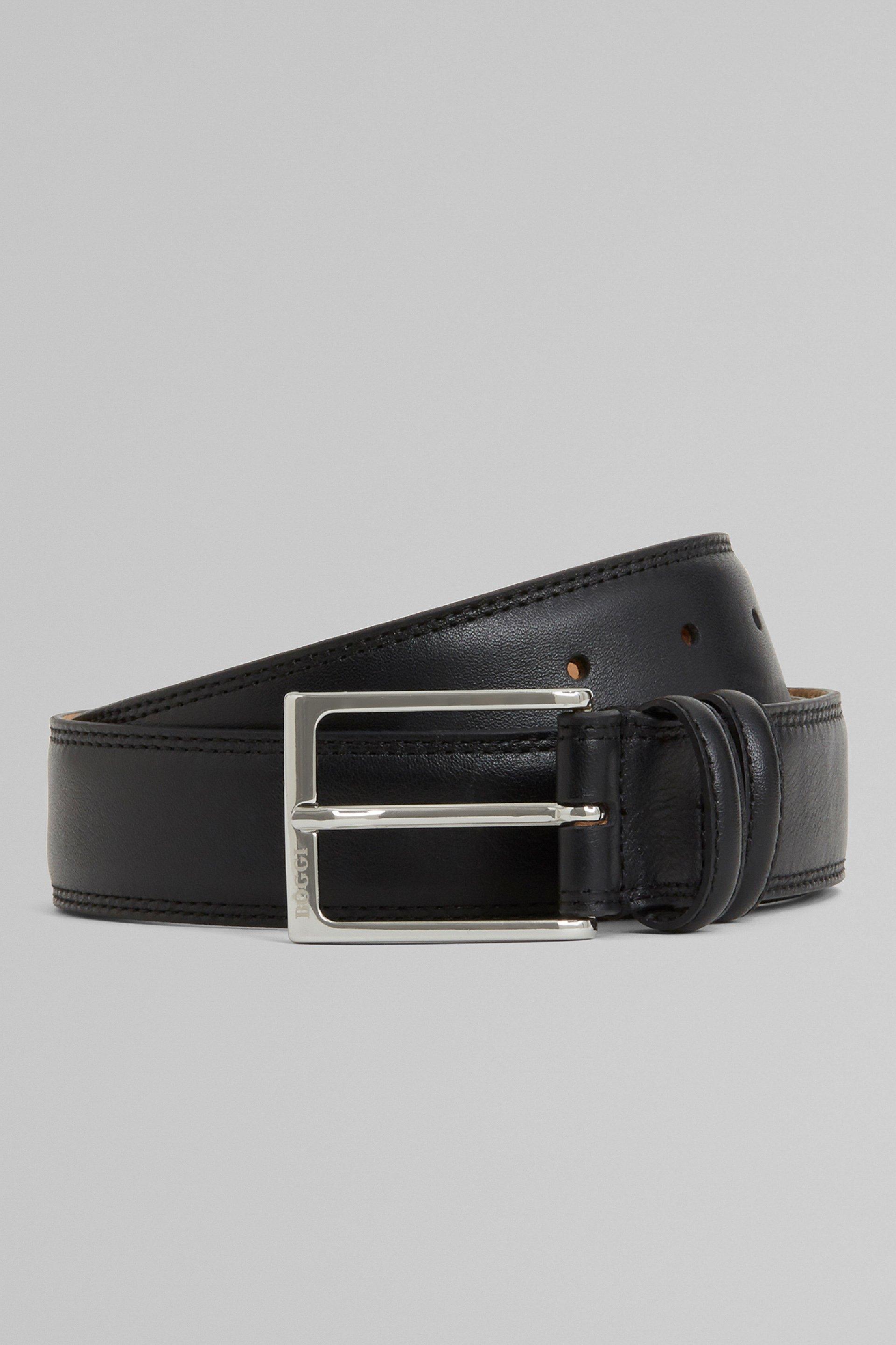 Black Saddle-Stitched Tumbled Leather Belt, , medium