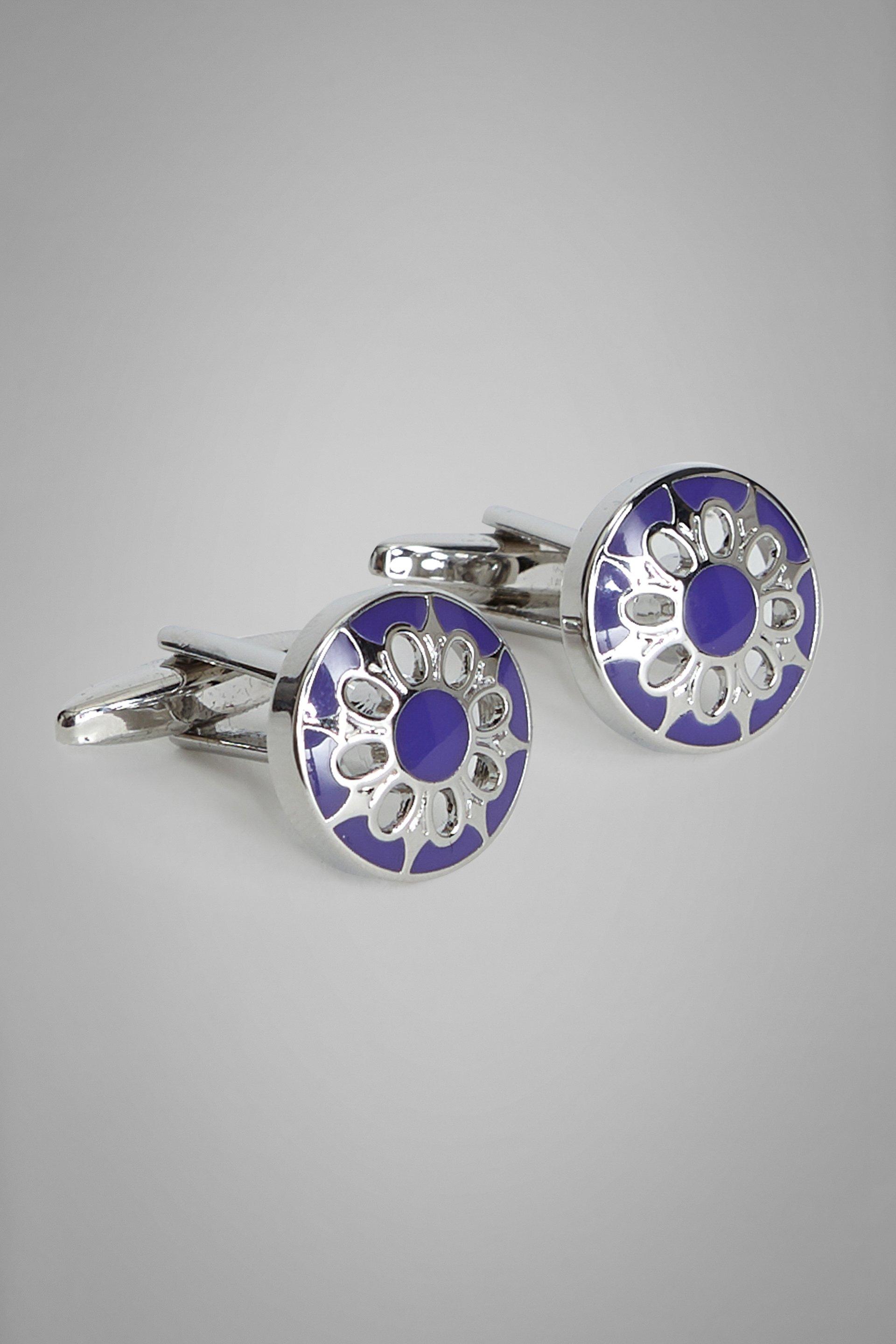 Blue Floral Circular Cufflinks, Blue, large image number 2