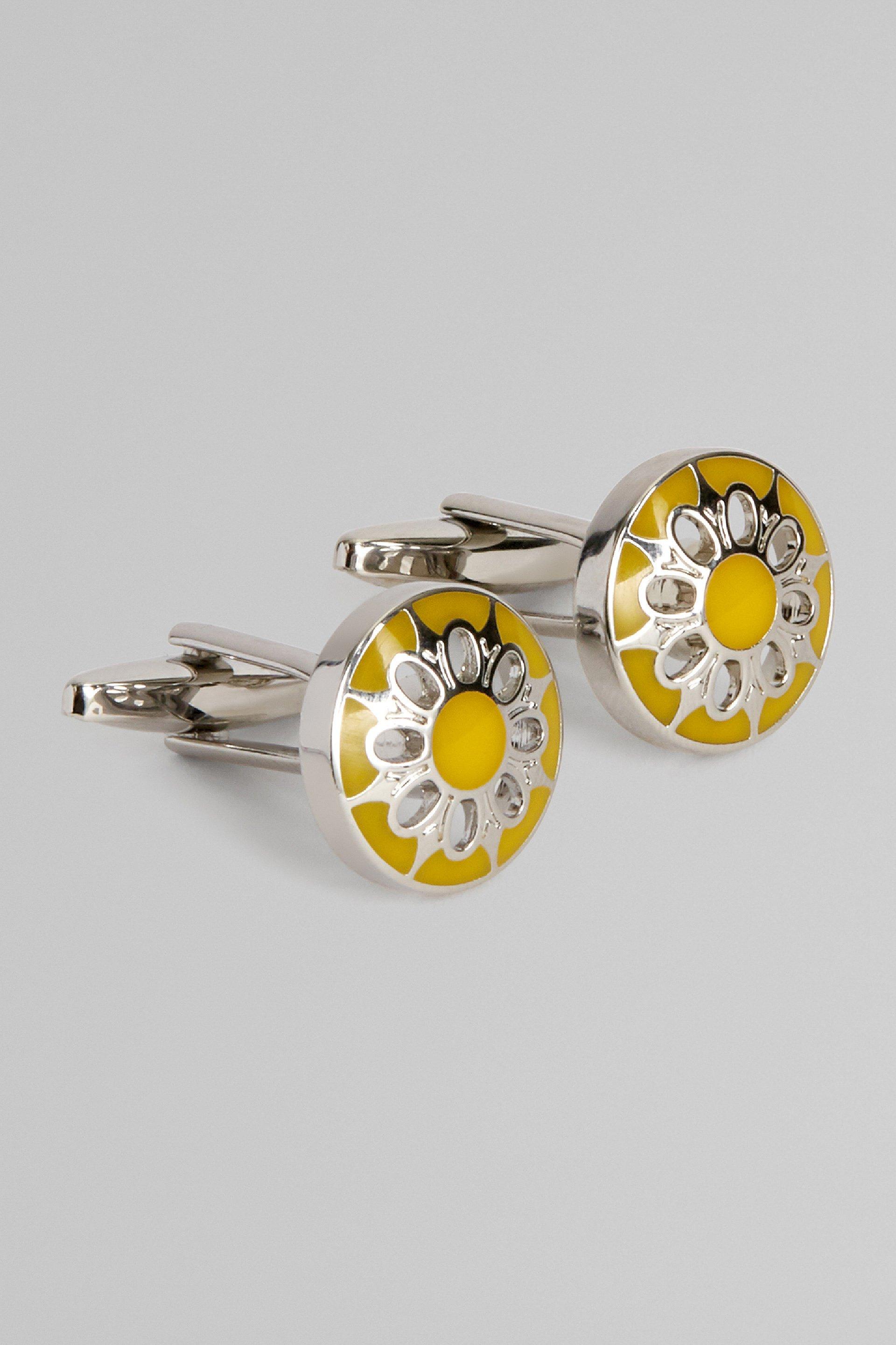 Yellow Floral Circular Cufflinks, Yellow, large image number 2