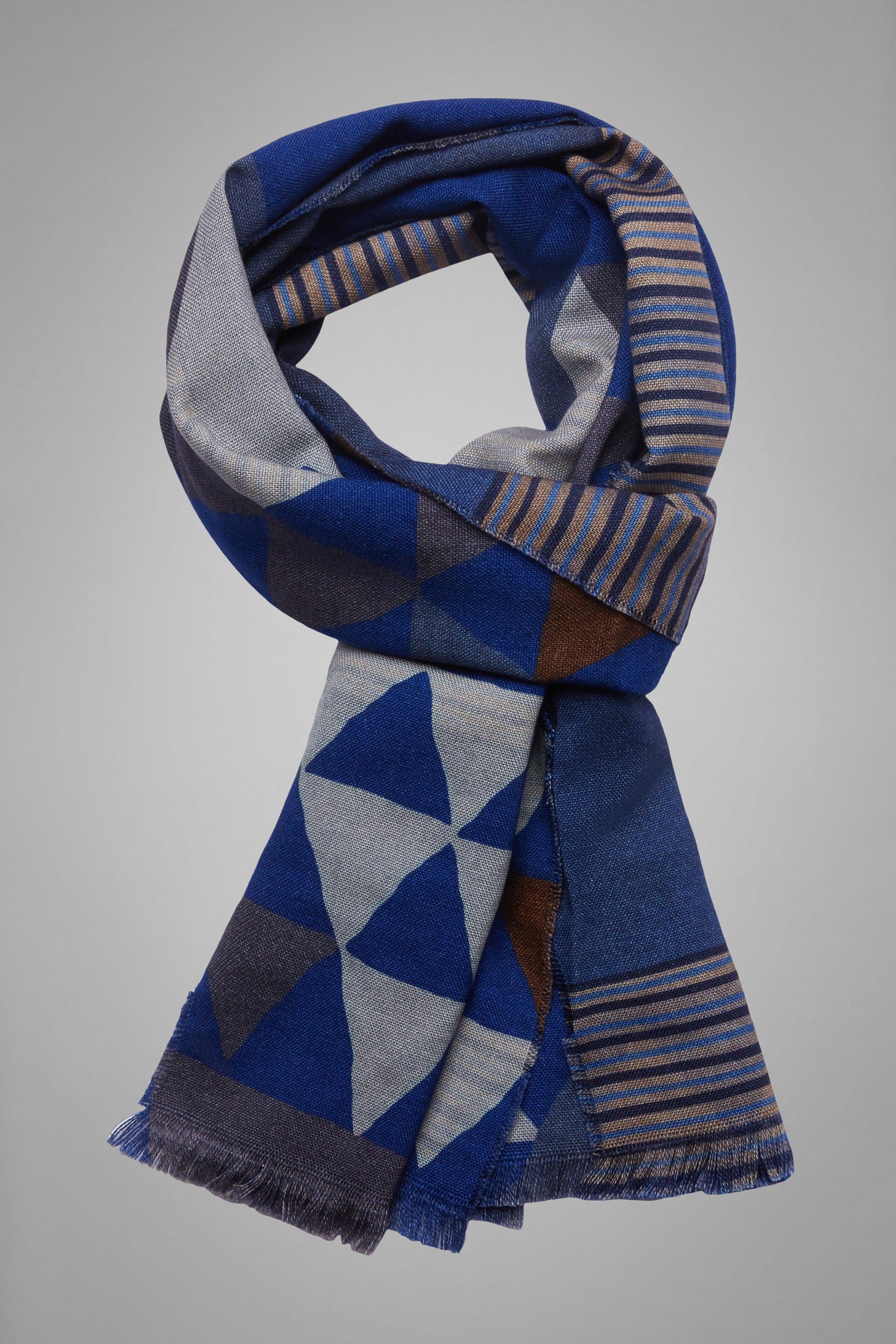 Blue Reversible Geometric Print Wool Scarf For Men, , large image number 0