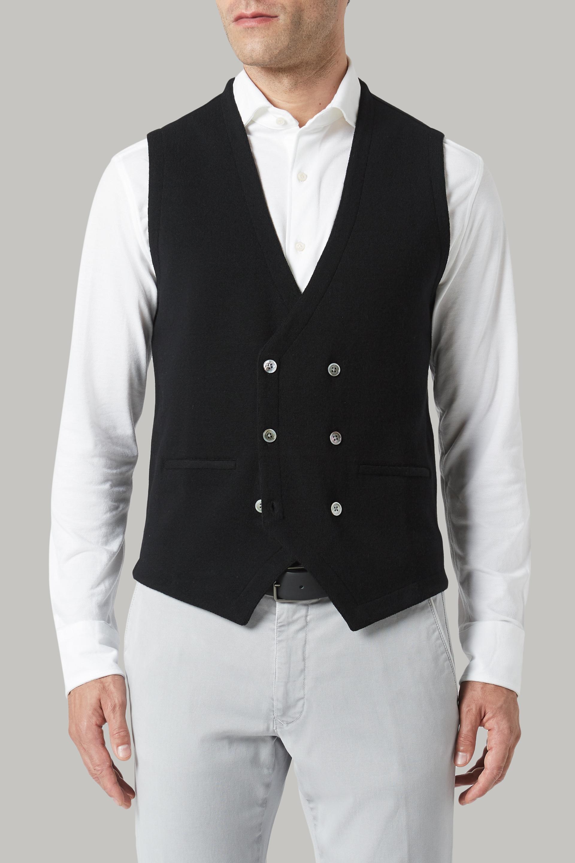 Black Double-Breasted Merino Wool Knitted Waistcoat For Men - Regular, 3901_NERO, large image number 3