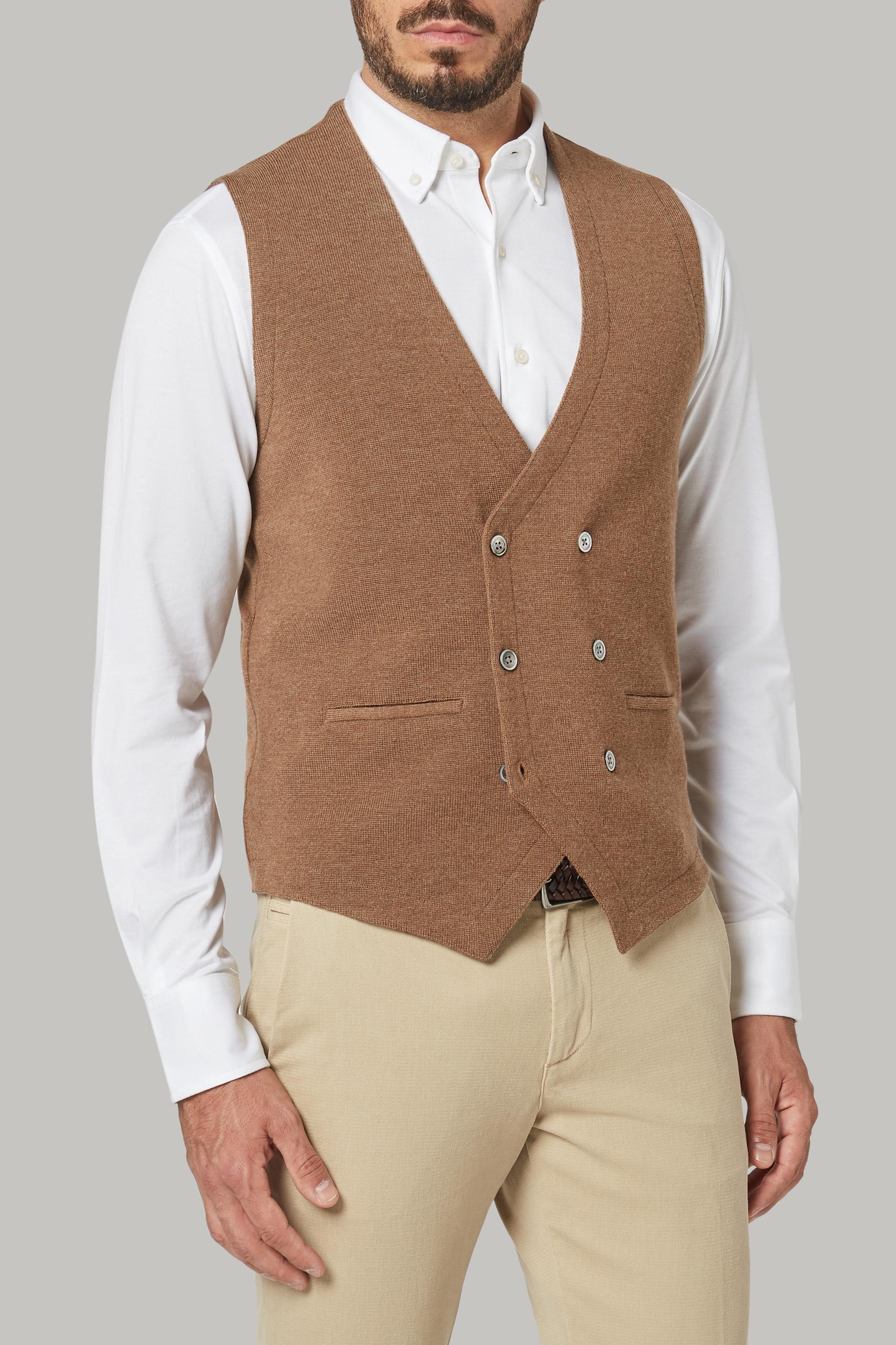 Beige Double-Breasted Merino Wool Knitted Waistcoat, 3901_BISC, large image number 3