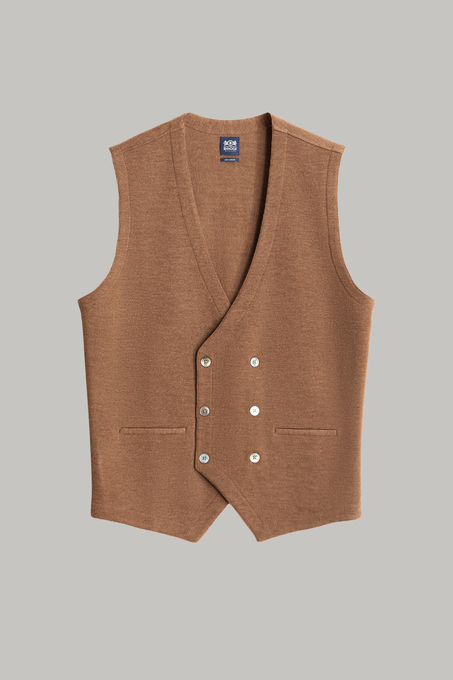 Beige Double-Breasted Merino Wool Knitted Waistcoat, 3901_BISC, large image number 8