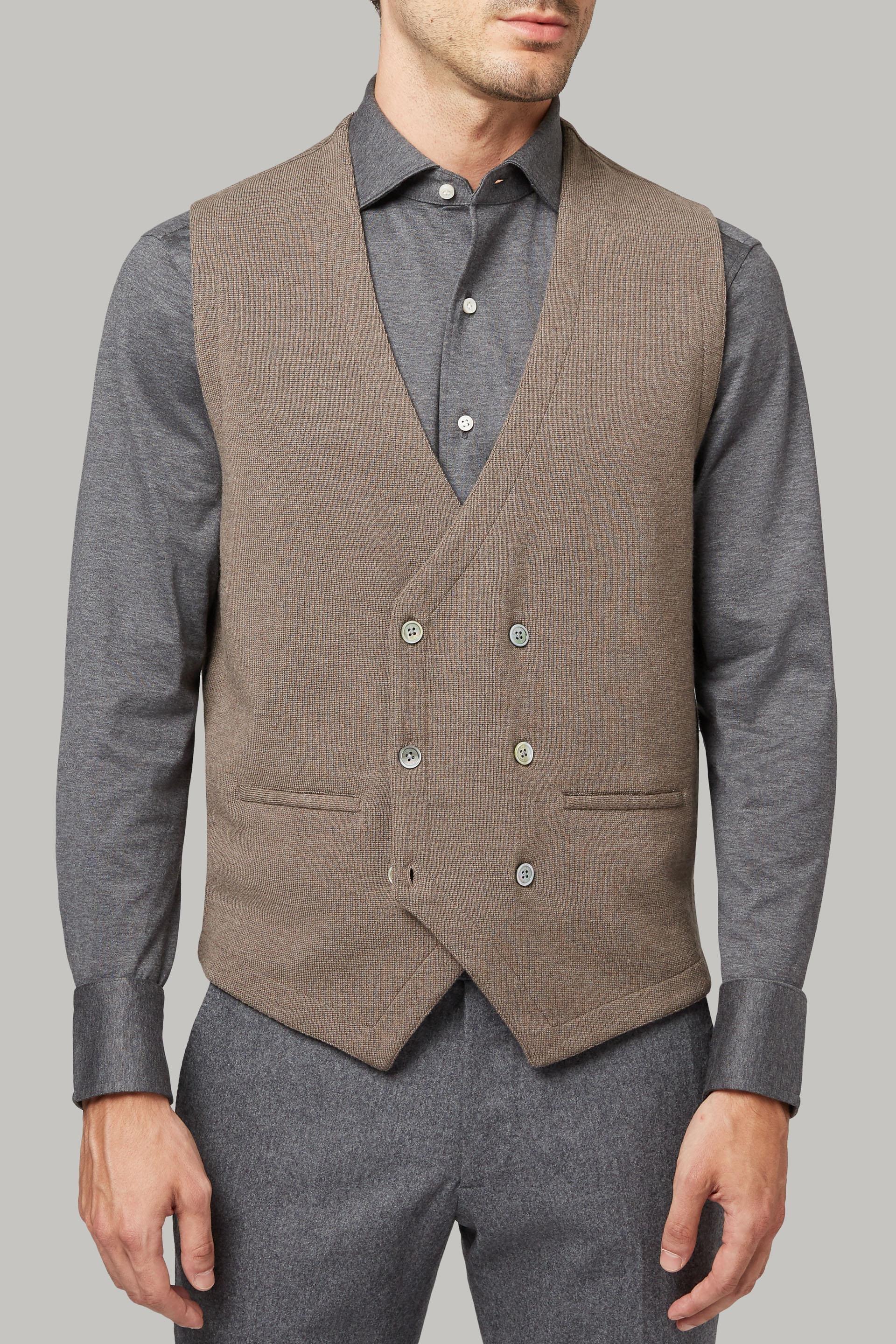 Beige Double-Breasted Merino Wool Knitted Waistcoat, 3901_TORT, large image number 0
