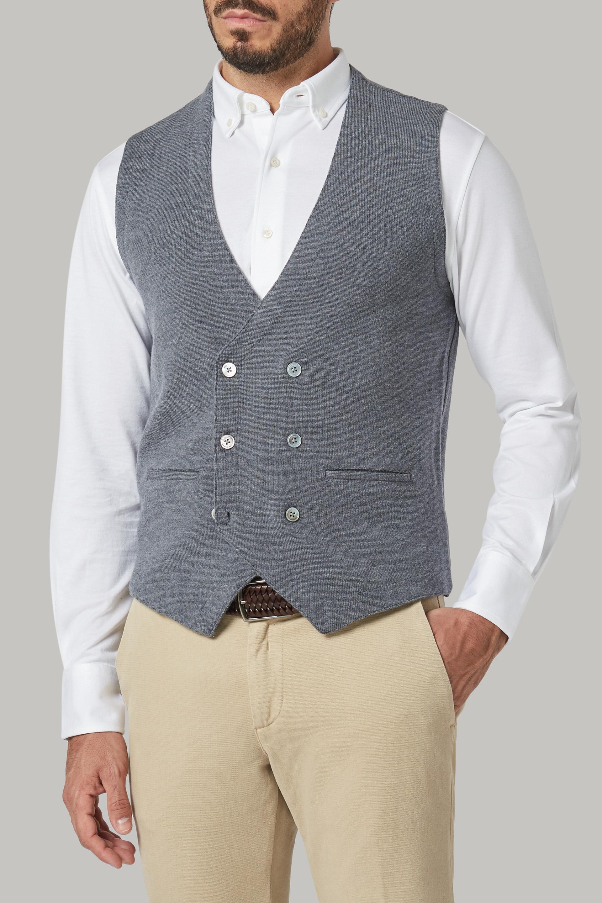 Grey Double-Breasted Merino Wool Knitted Waistcoat For Men - Regular, 3901_GRSC, large image number 2