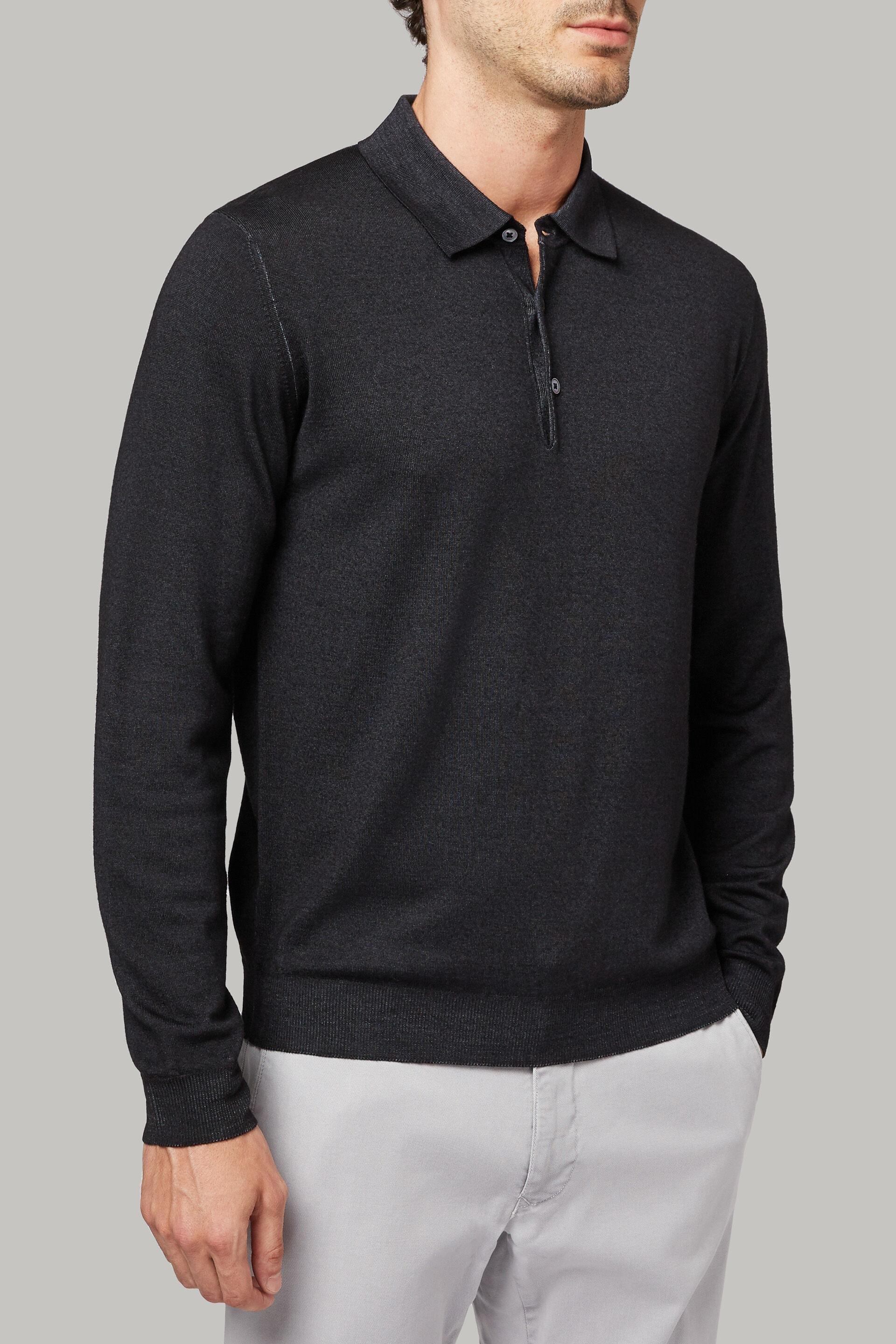 Grey Merino Wool Knitted Polo Shirt, Charcoal, large image number 1