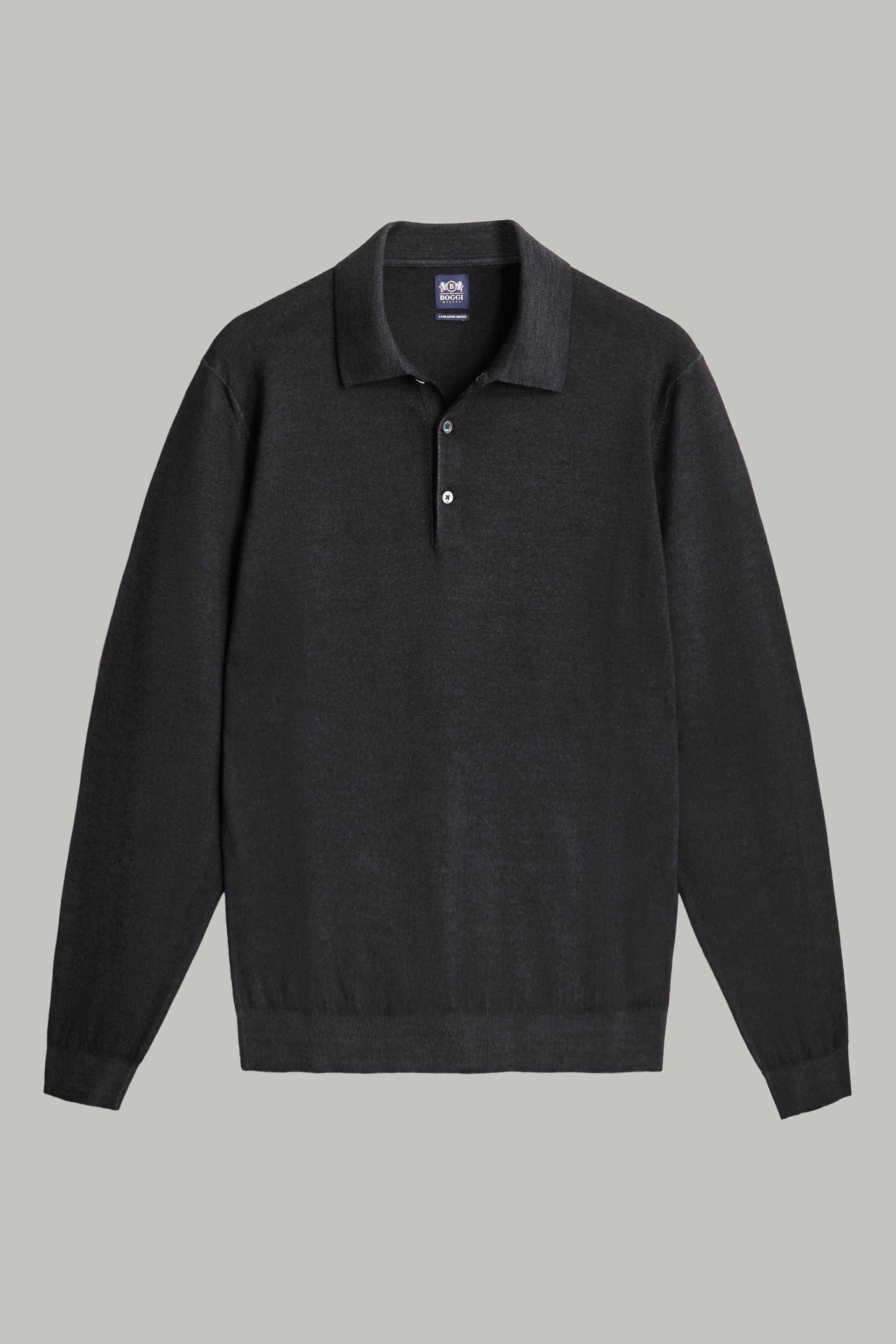 Grey Merino Wool Knitted Polo Shirt, Charcoal, large image number 5