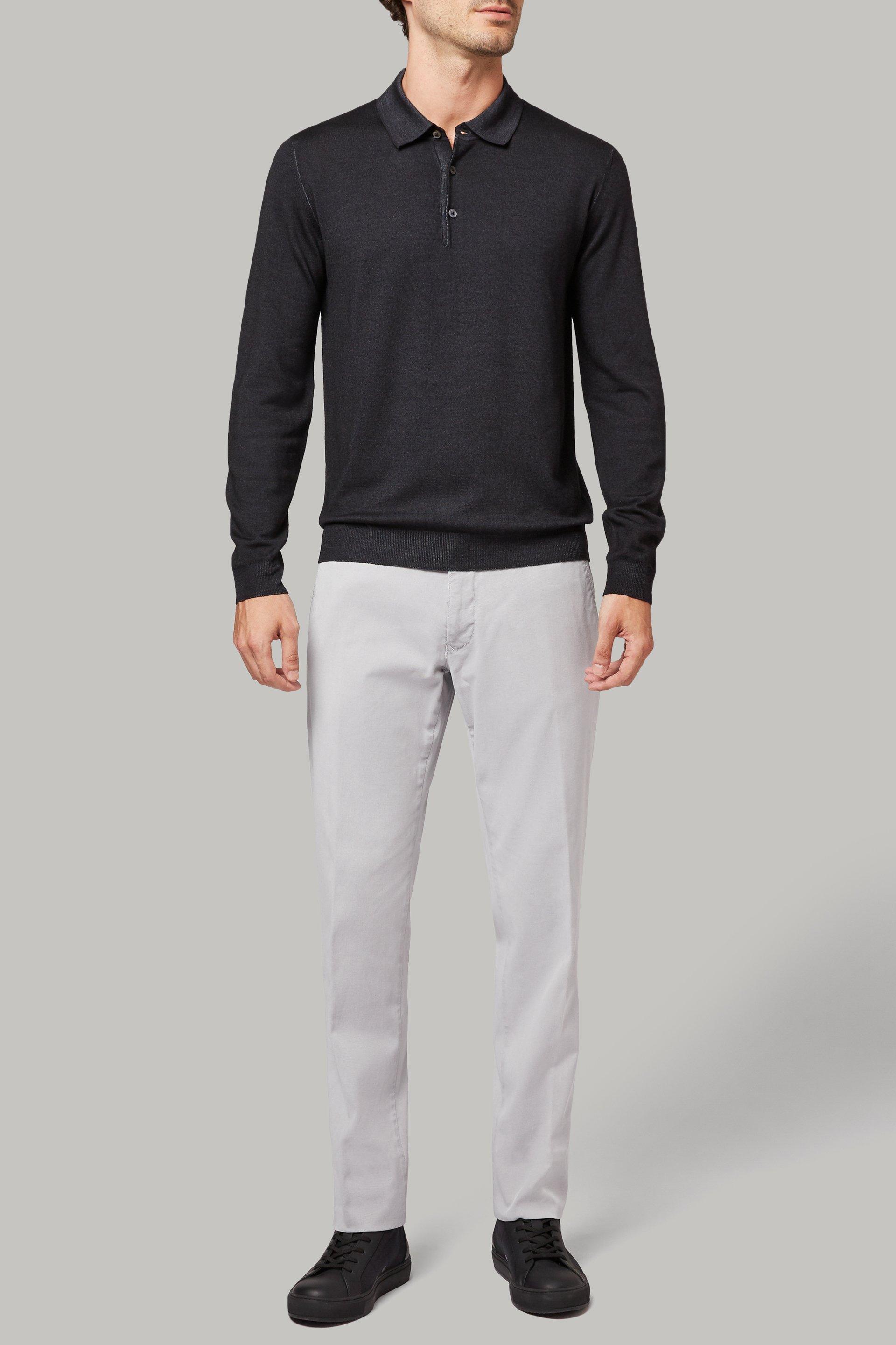 Grey Merino Wool Knitted Polo Shirt, Charcoal, large image number 6