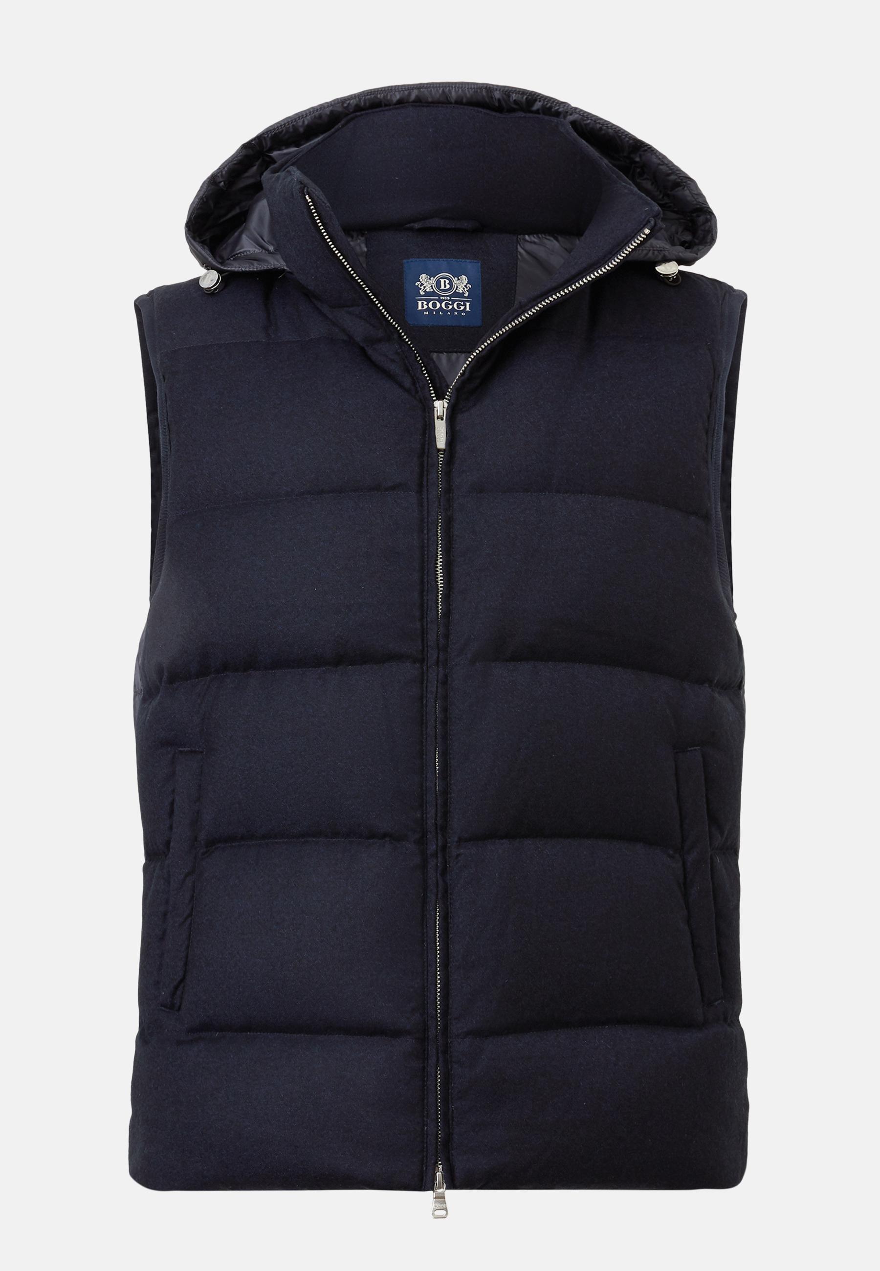 Navy Down-Filled Wool Gilet With Hood For Men, , large image number 1