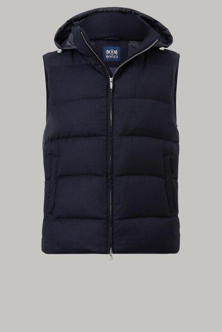 Navy Down-Filled Wool Gilet With Hood For Men, , large image number 2