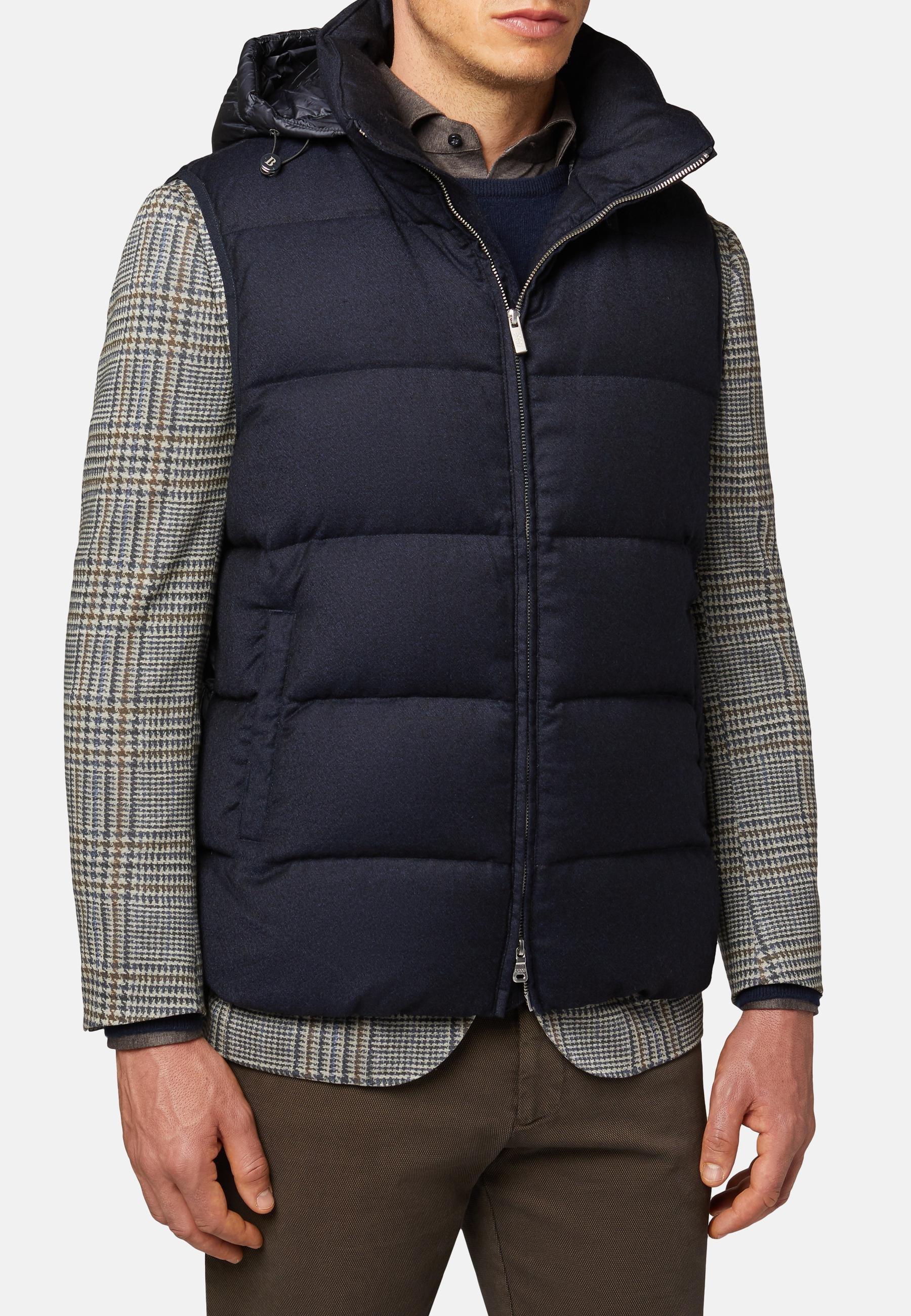 Navy Down-Filled Wool Gilet With Hood For Men, , large image number 3