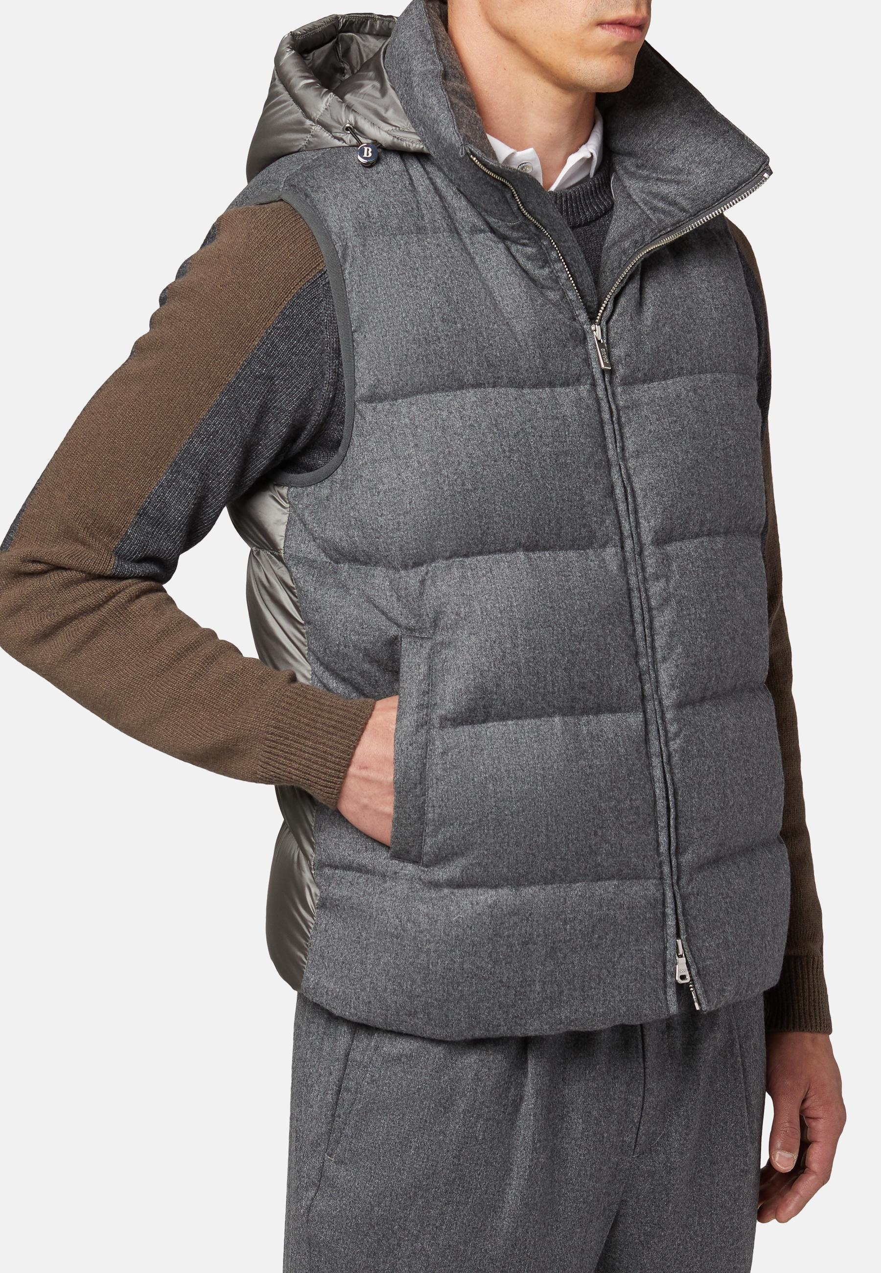 Grey Down-Filled Wool Gilet With Hood For Men, , large image number 3