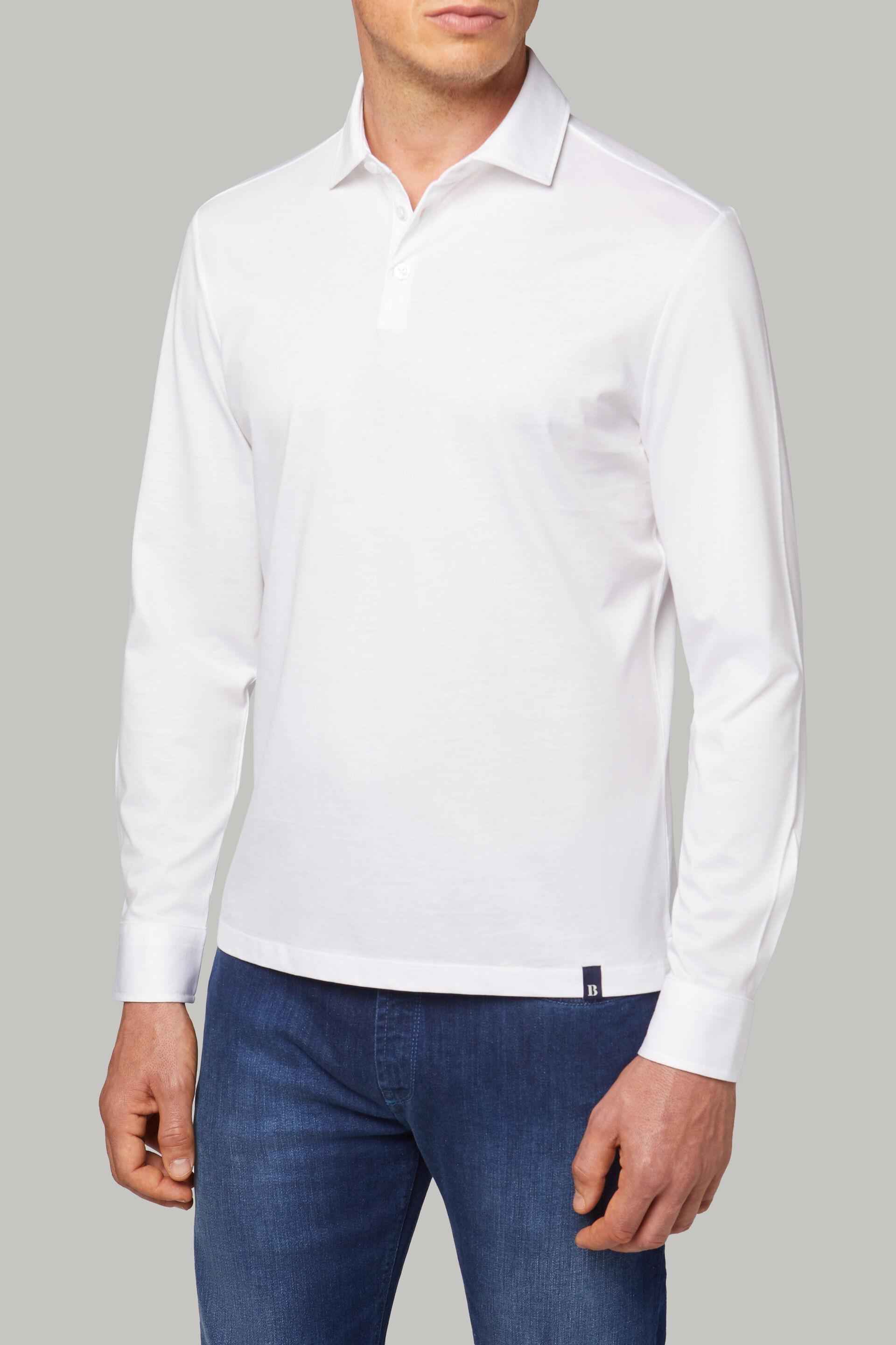 Long Sleeved Regular Fit Polo Shirt In Pima Cotton Jersey White, White, large image number 5