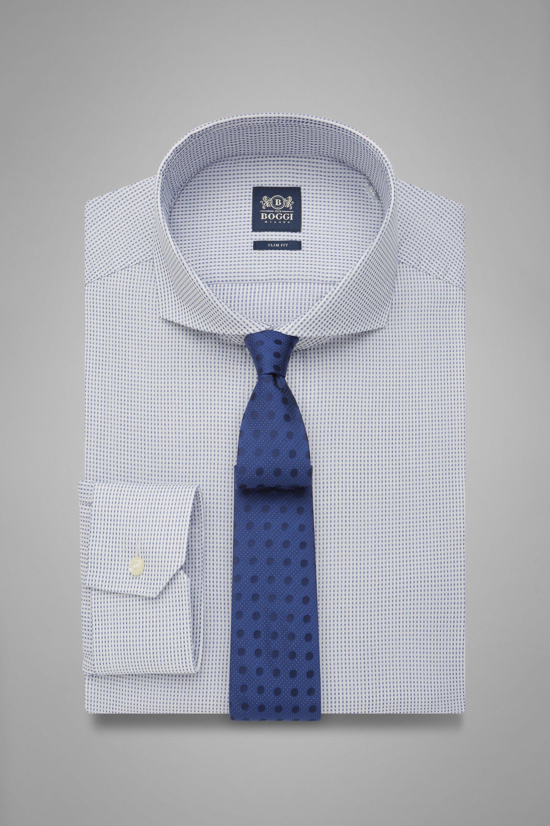 Blue Slim Fit Blue Polka Dot Shirt With Naples Collar, Blue, medium