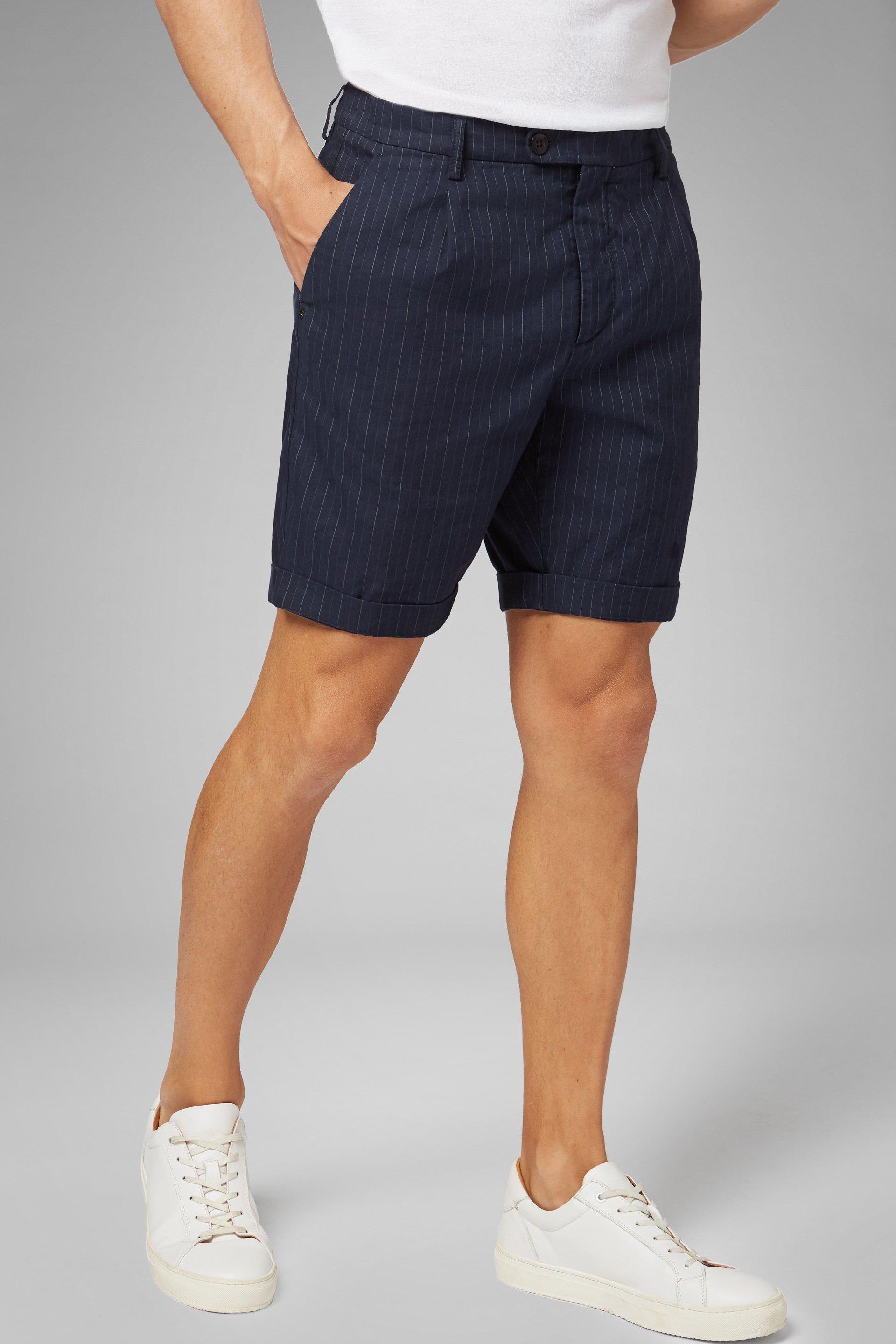 Navy Pinstriped Cotton Slim Bermuda Shorts, , large image number 0