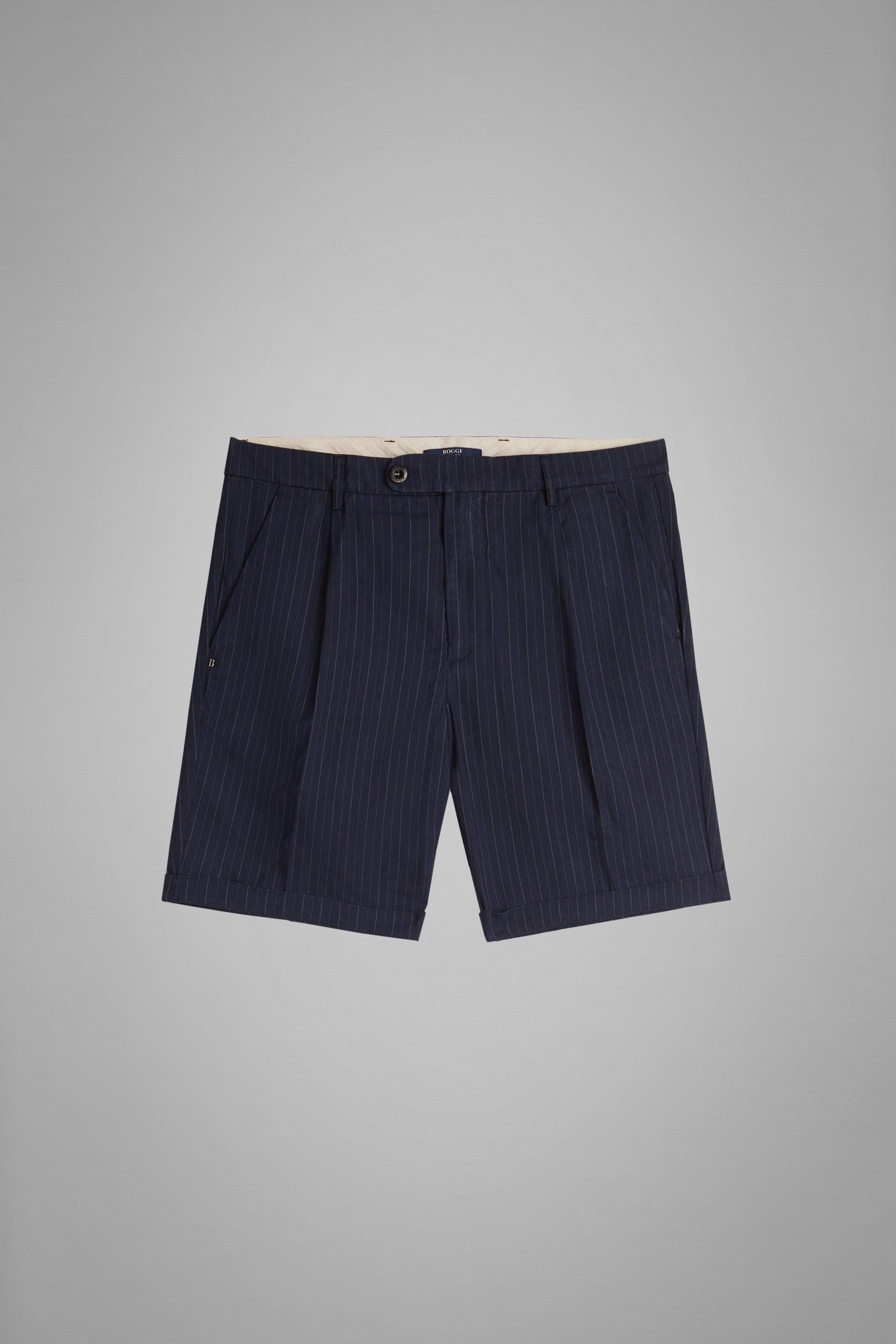 Navy Pinstriped Cotton Slim Bermuda Shorts, , large image number 3