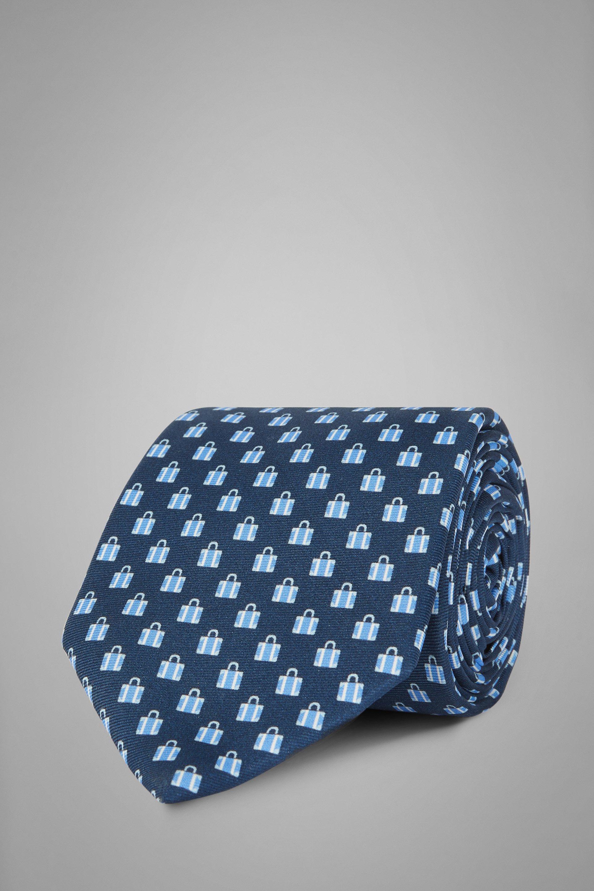 Blue Suitcase Print Silk Tie, Blue, large image number 0