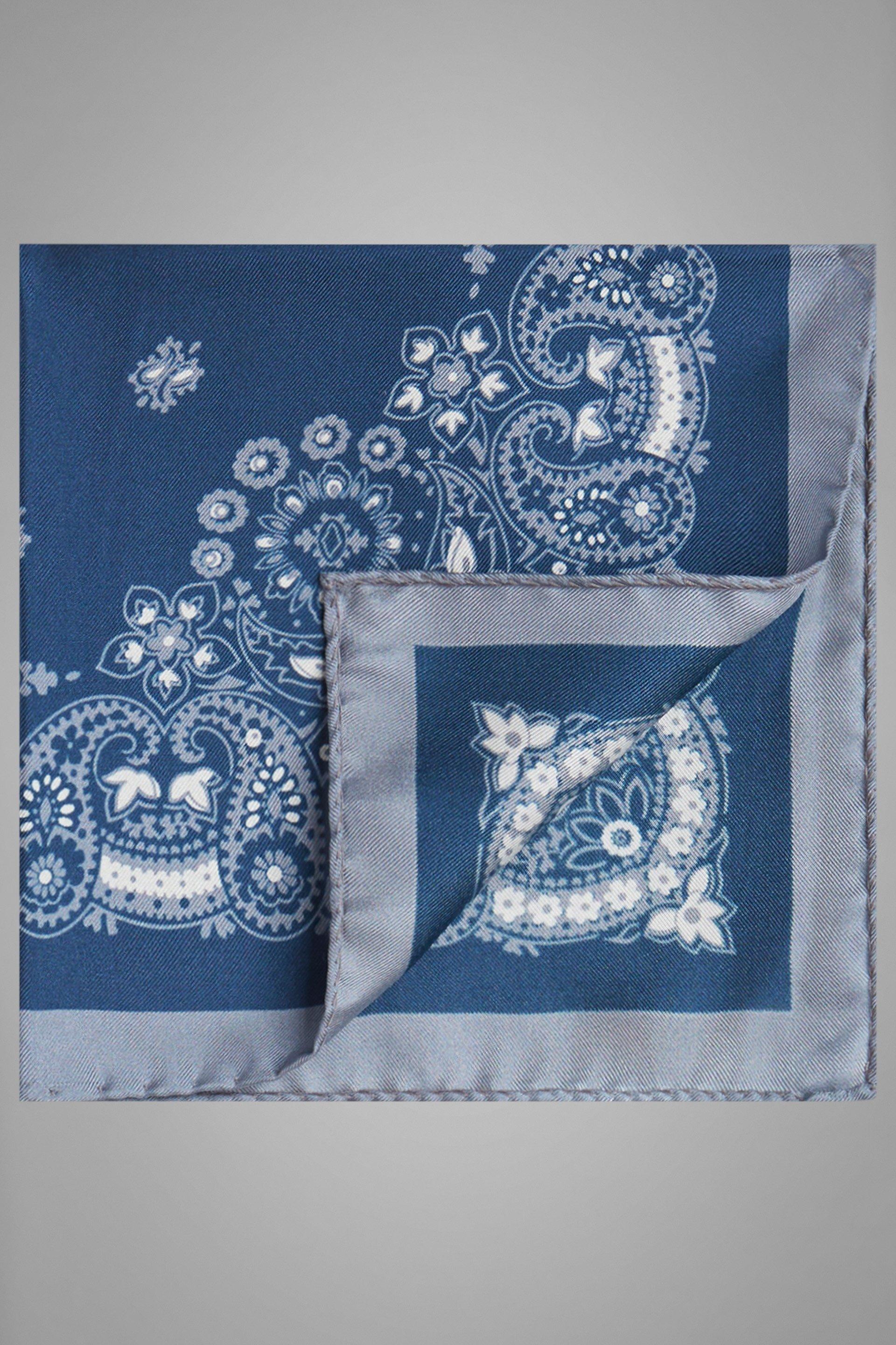 Grey Printed Silk Pocket Square, Blue - Grey, large image number 0