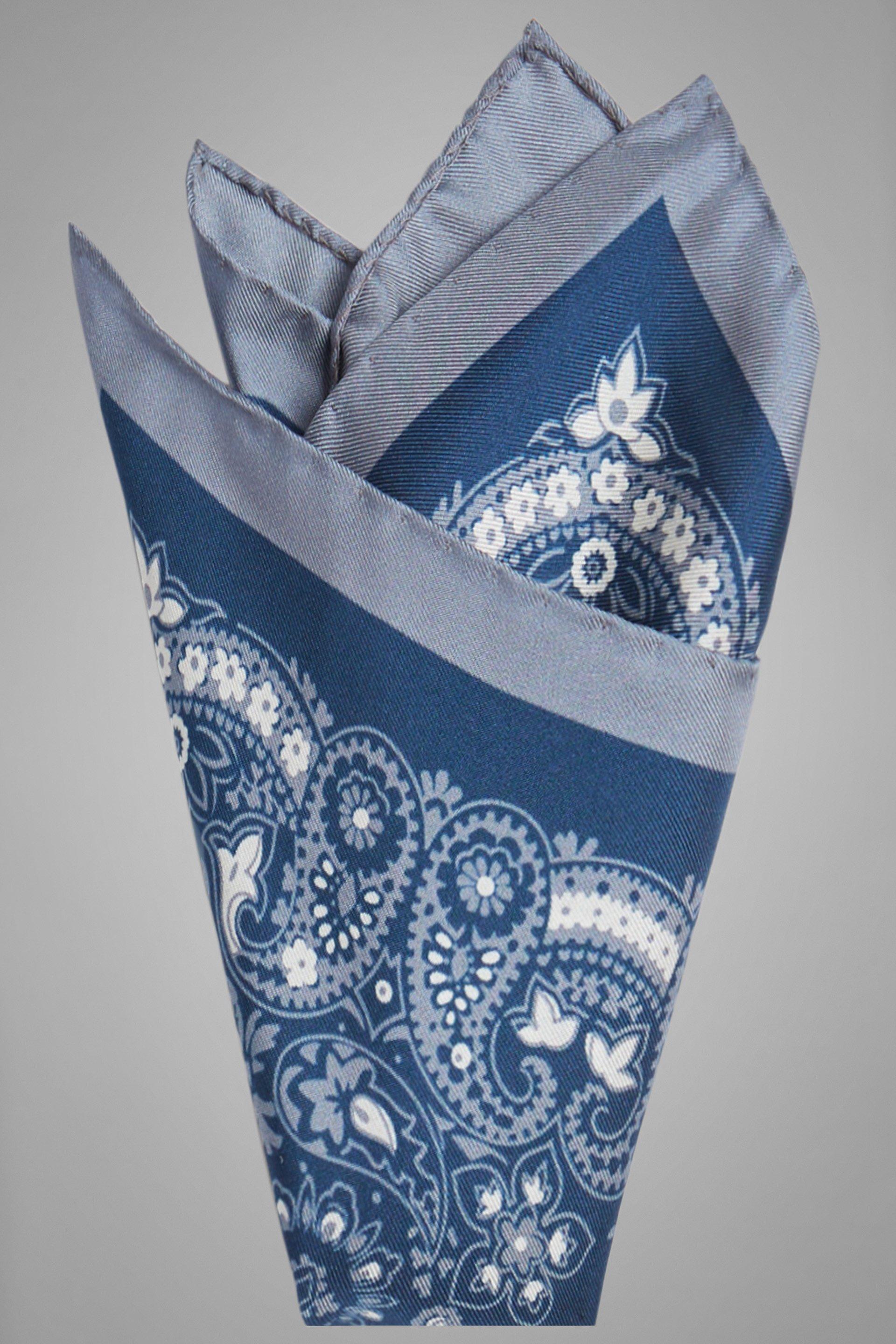Grey Printed Silk Pocket Square, Blue - Grey, large image number 1