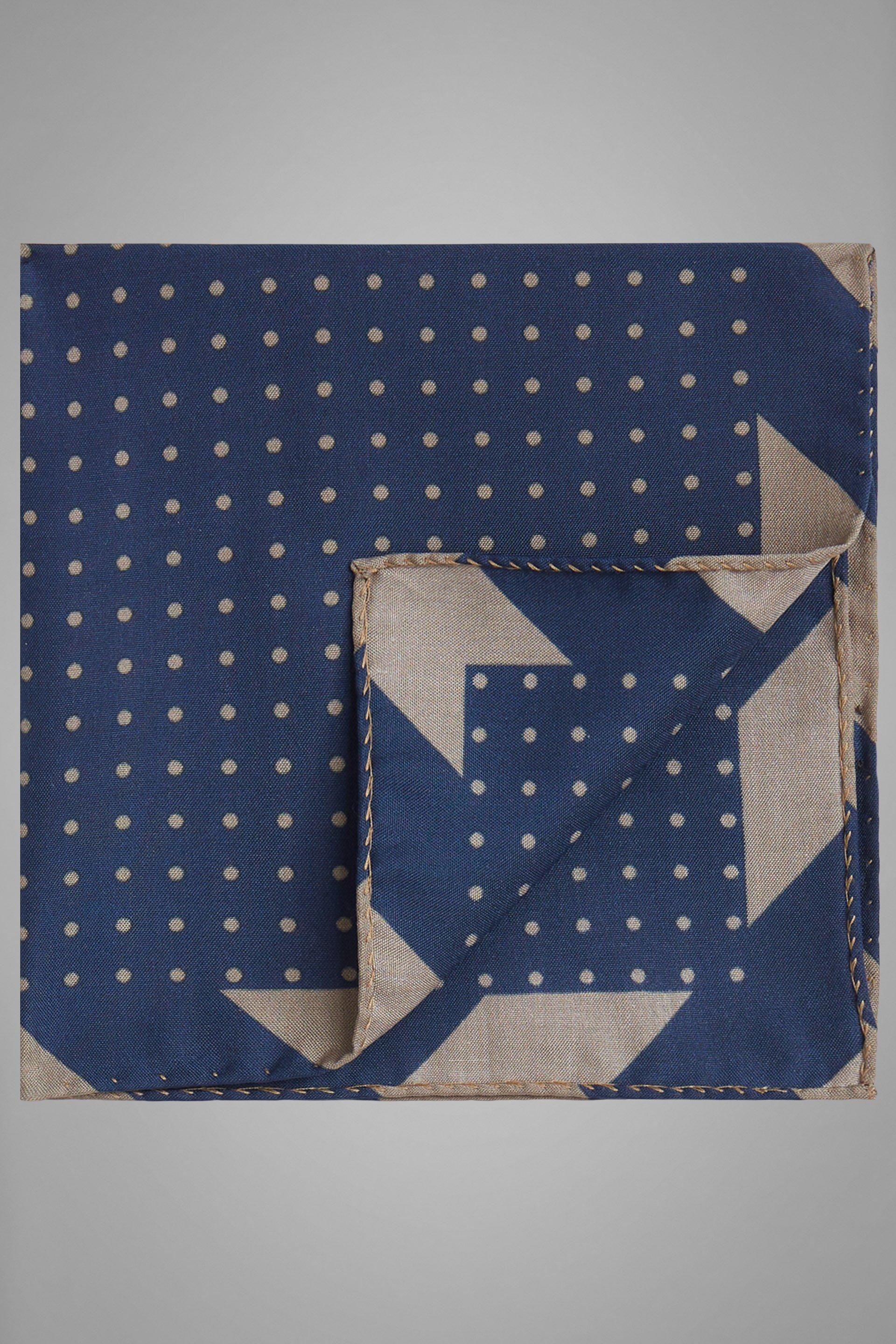 Taupe Polka Dot Print Silk Pocket Square, Blue - Taupe, large image number 0