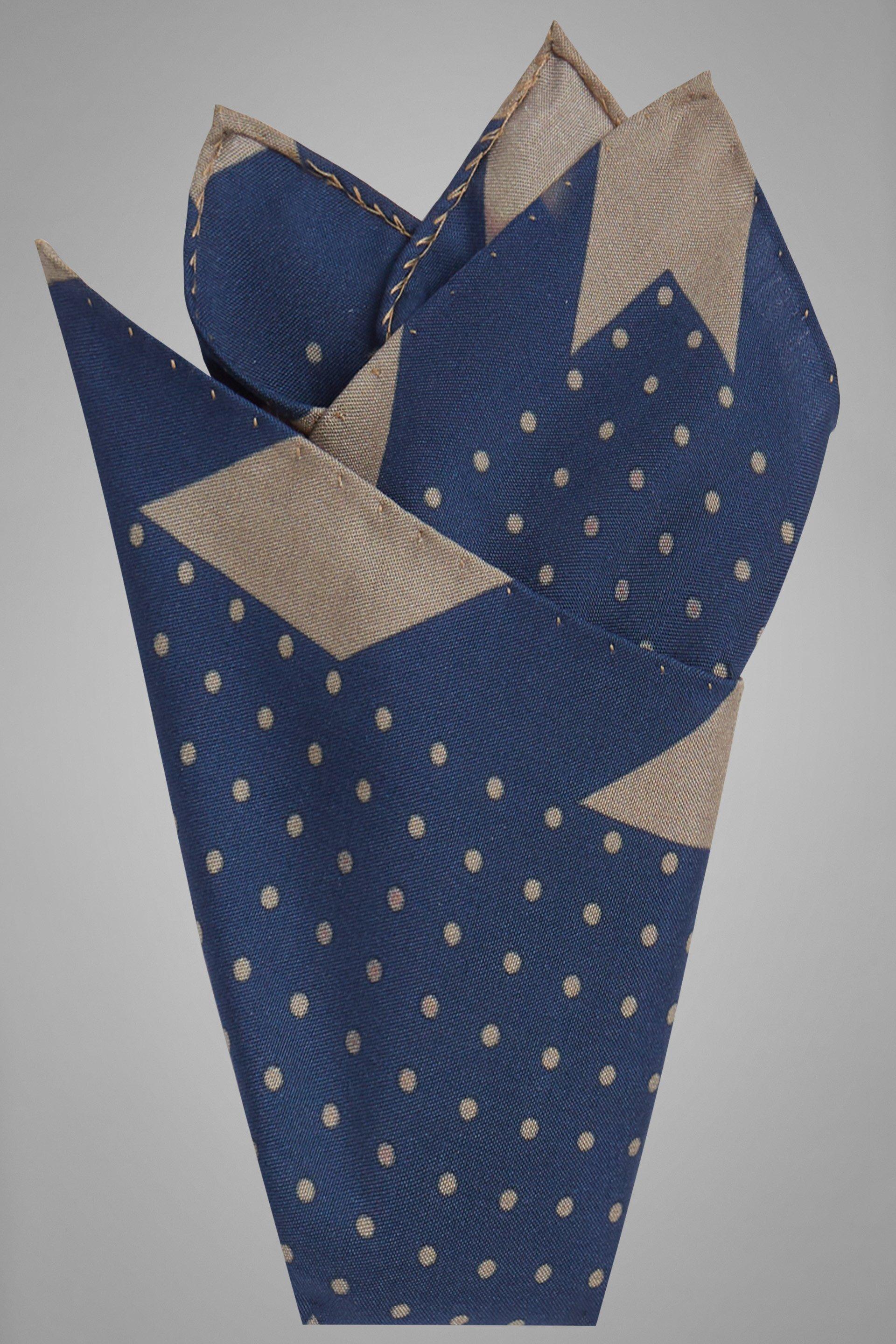 Taupe Polka Dot Print Silk Pocket Square, Blue - Taupe, large image number 1