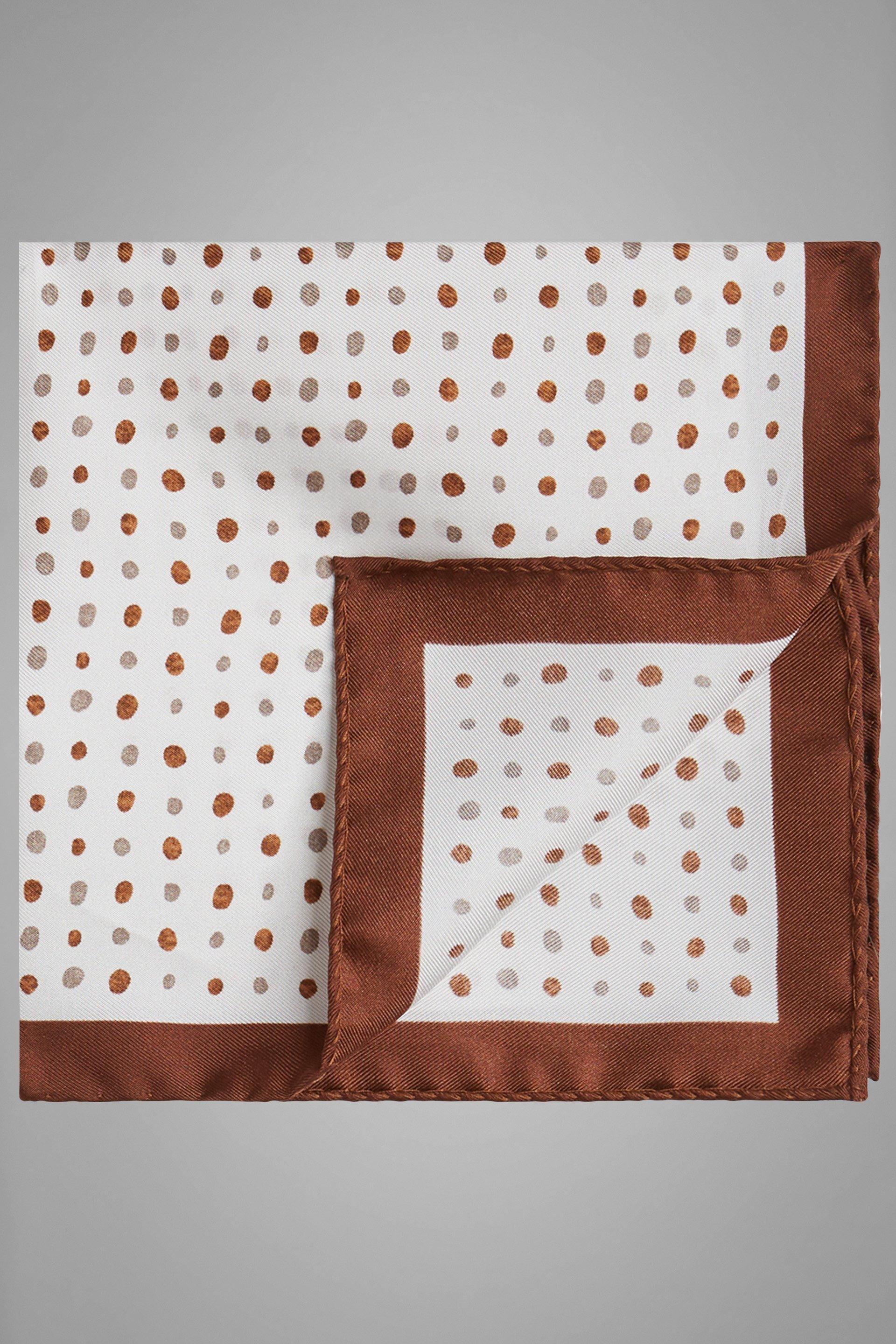 White Brown Polka Dot Print Silk Pocket Square, White - Dark brown, large image number 0