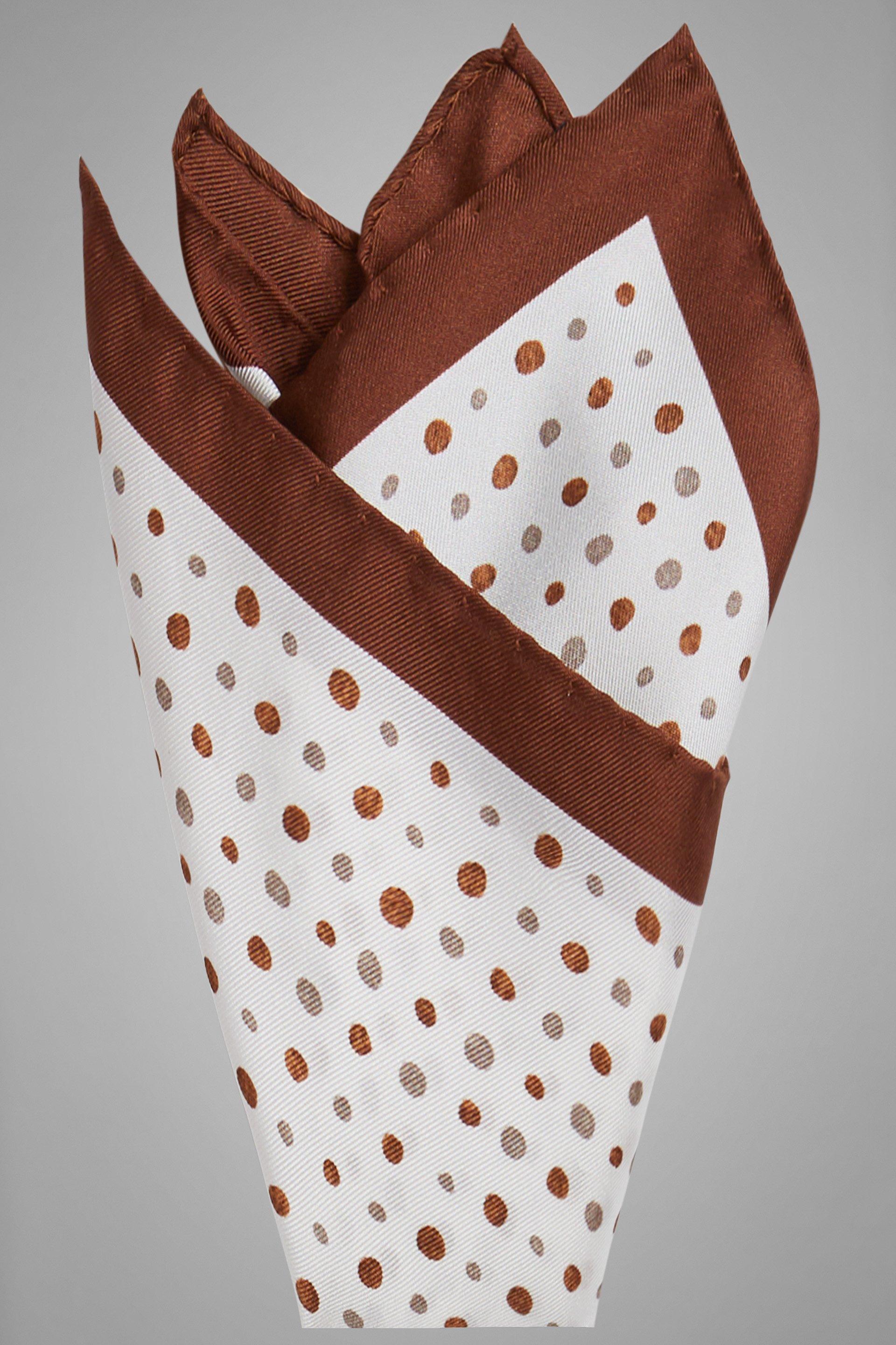 White Brown Polka Dot Print Silk Pocket Square, White - Dark brown, large image number 1