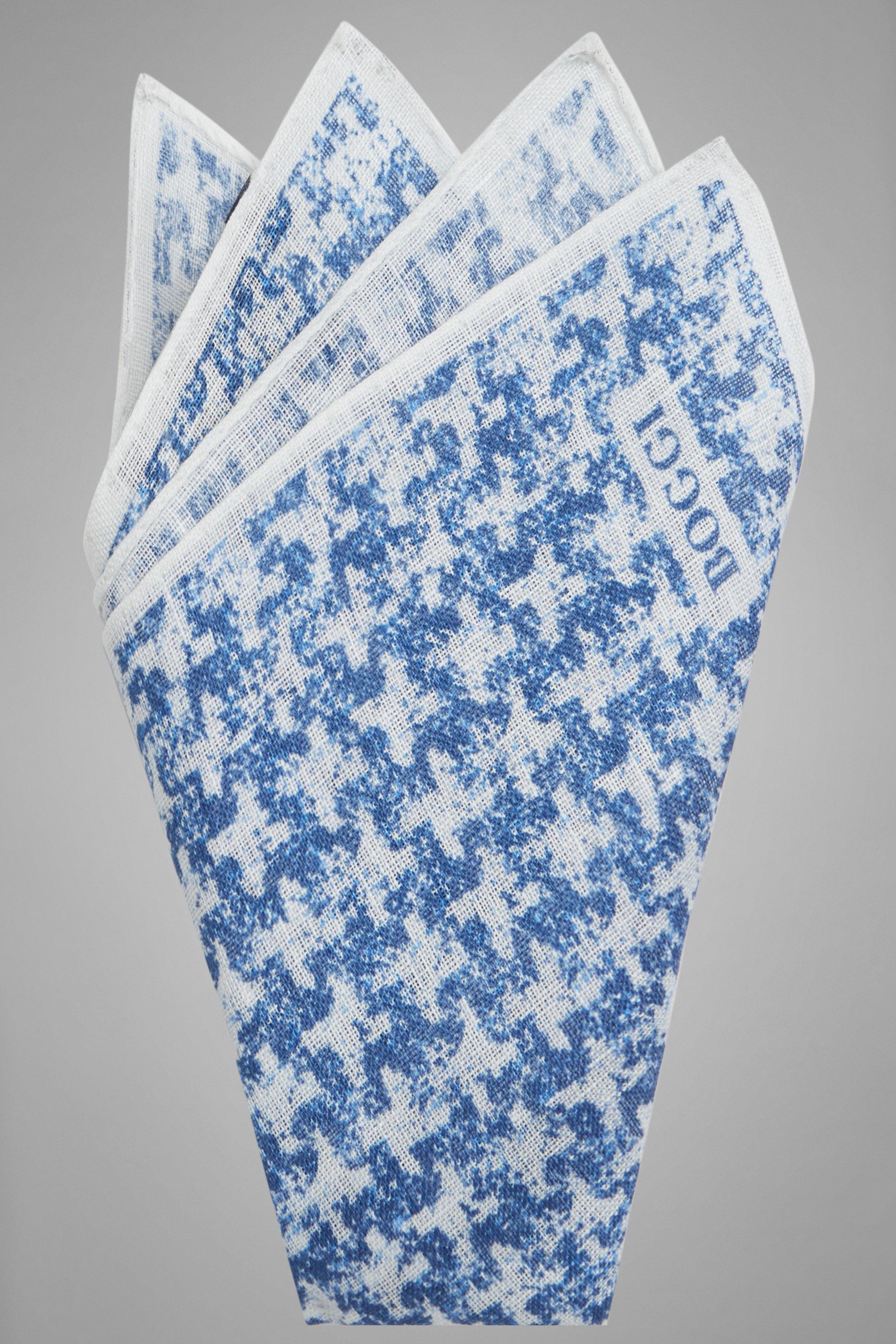 Blue Houndstooth Print Linen Pocket Square, Bluette, large image number 1