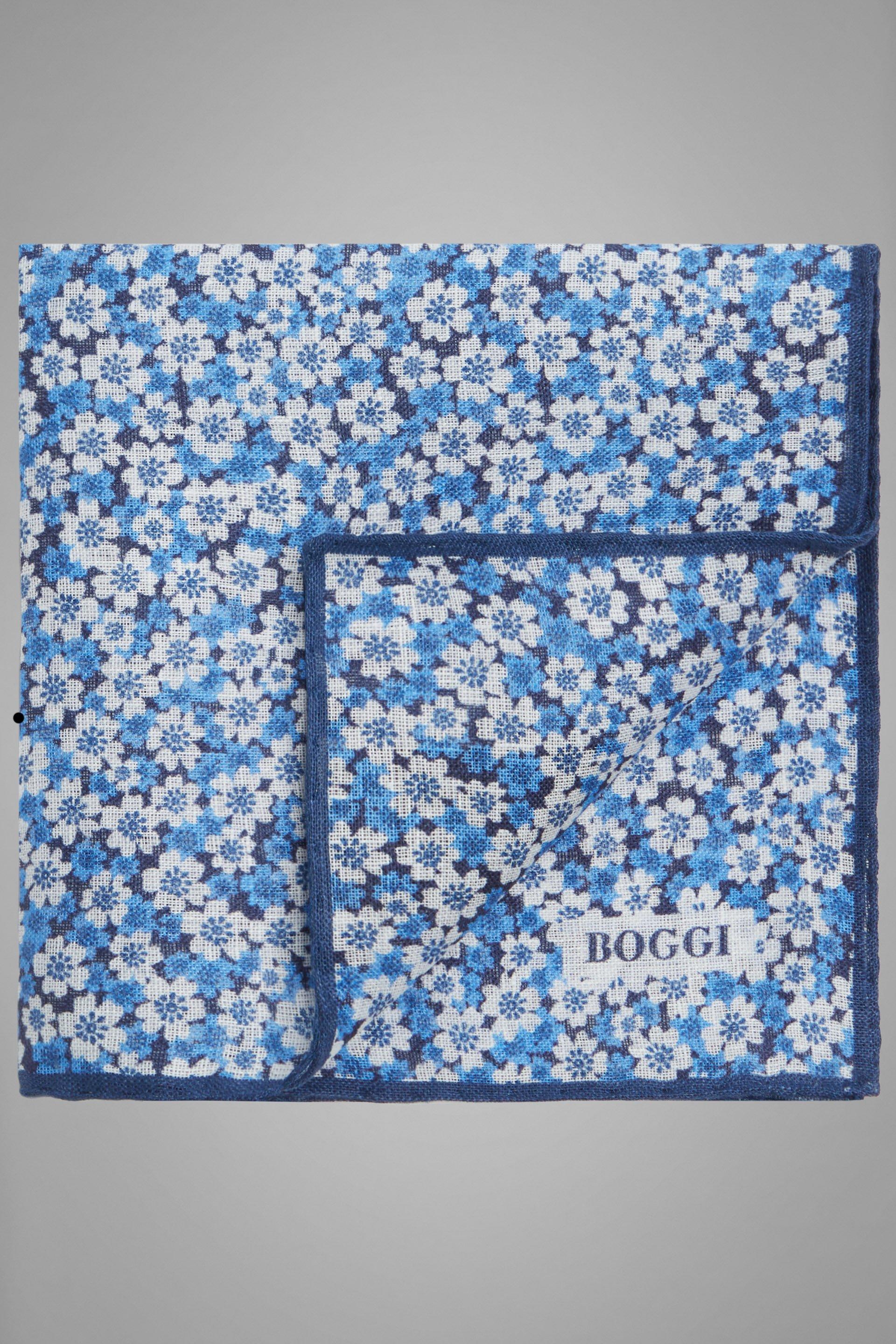 Blue Floral Linen Pocket Square, Blue, large image number 0